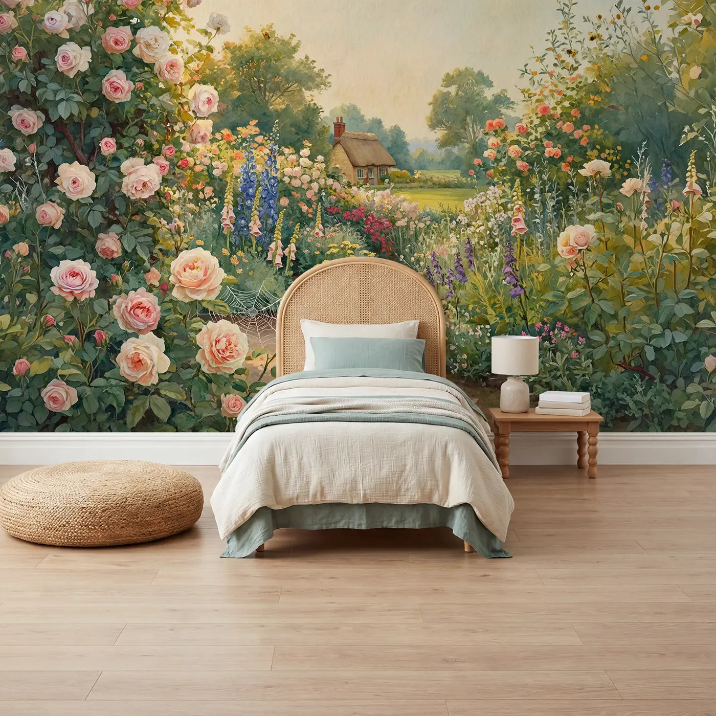 watercolor rose cottage garden afternoon wallpaper mural for kids room by Whimsy Tots