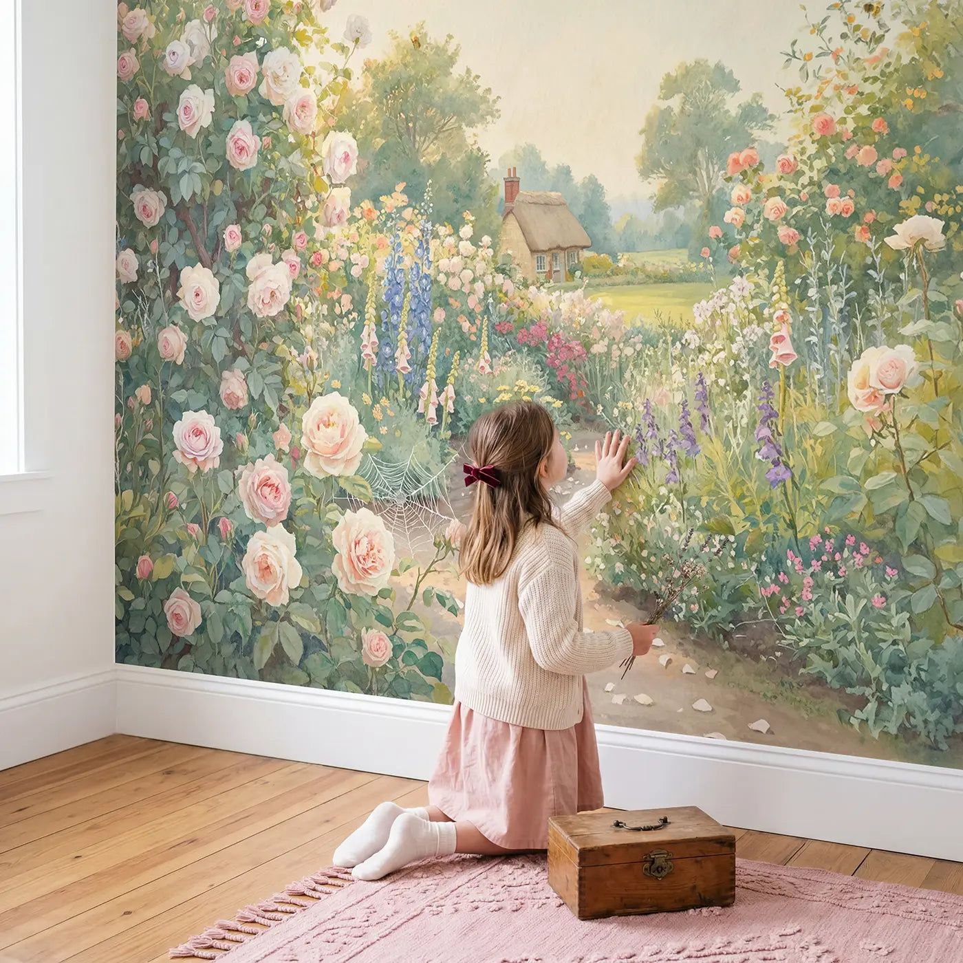 Child in nursery with Rose Cottage Garden Afternoon Wallpaper Mural by Whimsy Tots