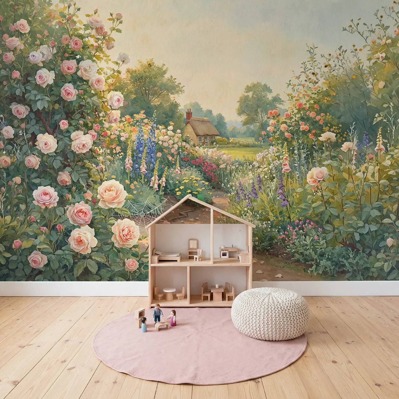 Rose Cottage Garden Afternoon Wallpaper Mural in playroom setting by Whimsy Tots