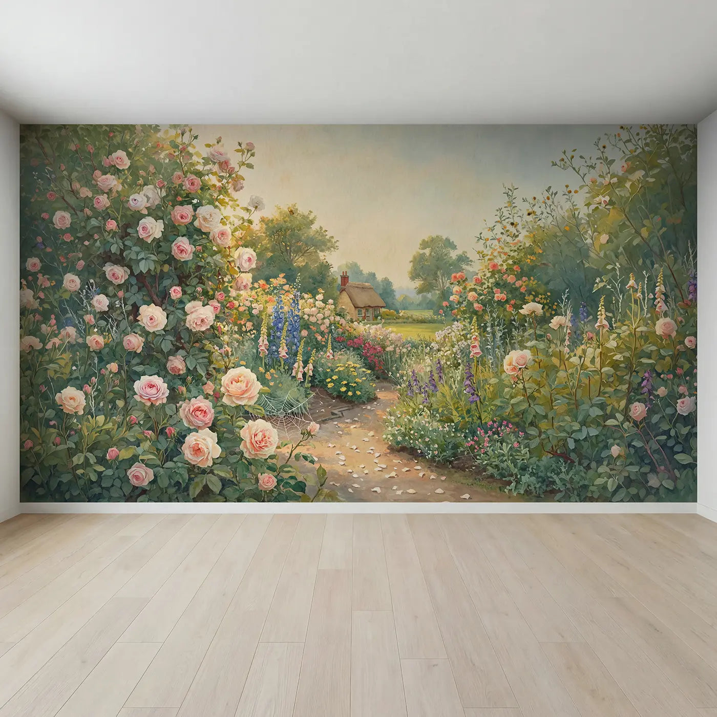 Full view of Rose Cottage Garden Afternoon Wallpaper Mural by Whimsy Tots