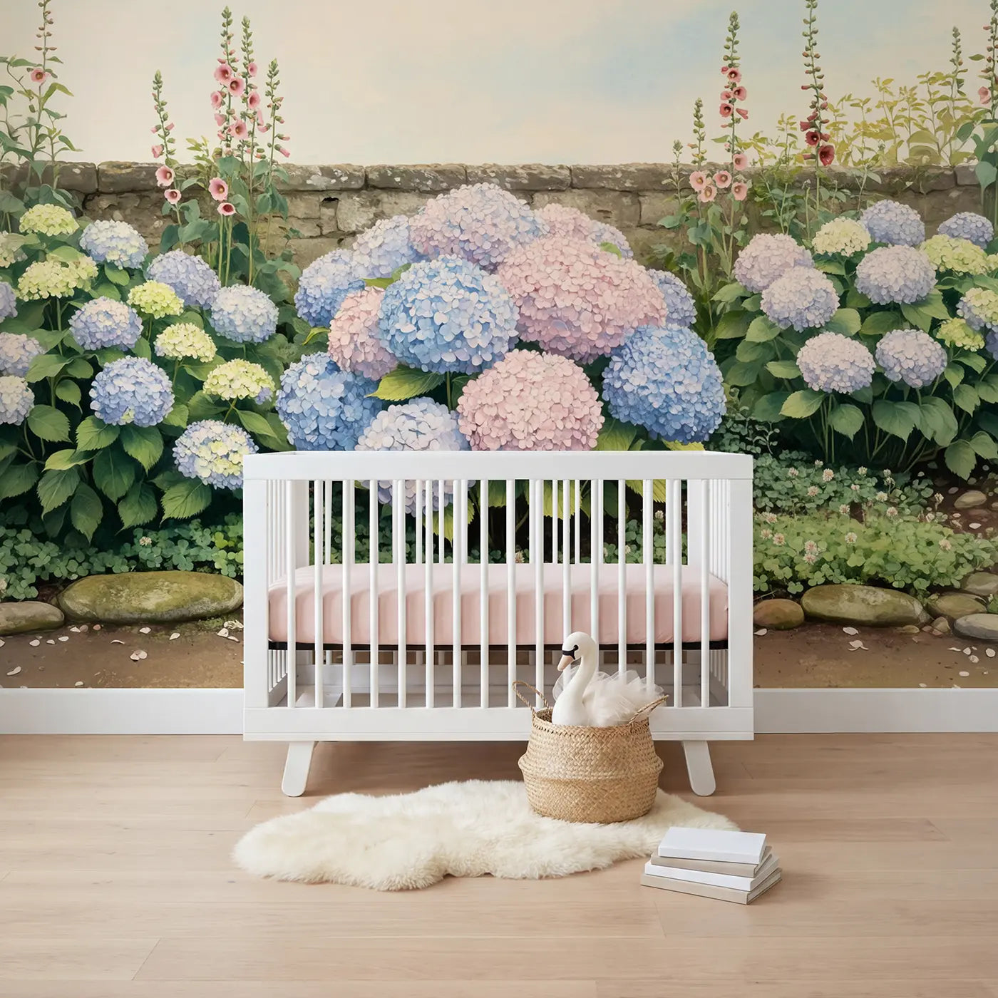 Soft pastel hydrangea garden bloom wallpaper mural for nursery by Whimsy Tots