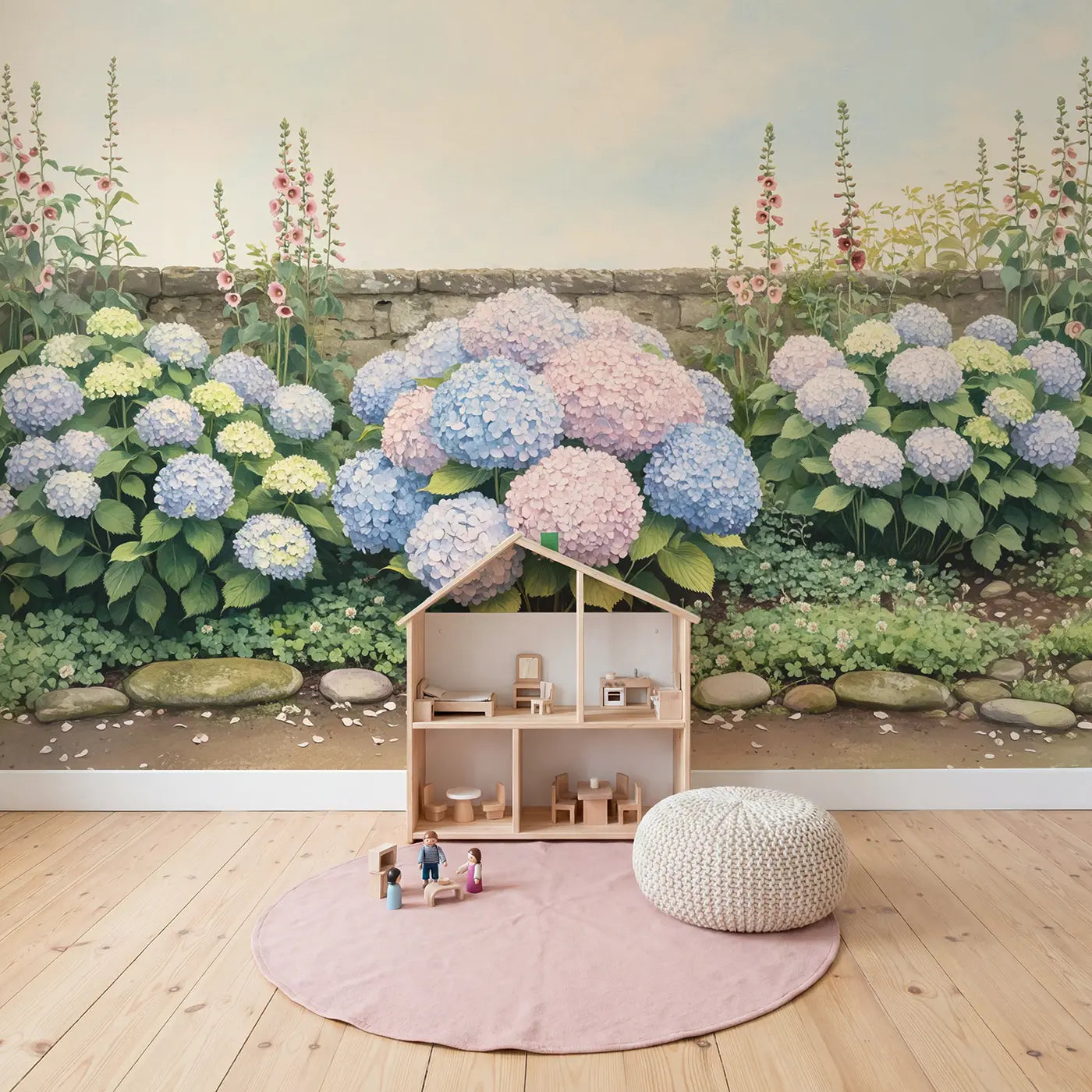 Soft Hydrangea Bloom Wallpaper Mural in playroom setting by Whimsy Tots