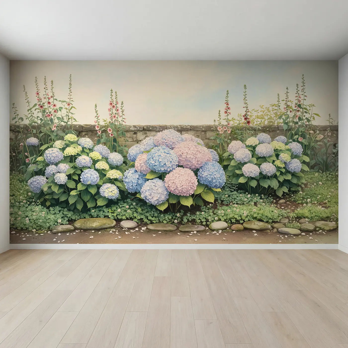 Full view of Soft Hydrangea Bloom Wallpaper Mural by Whimsy Tots