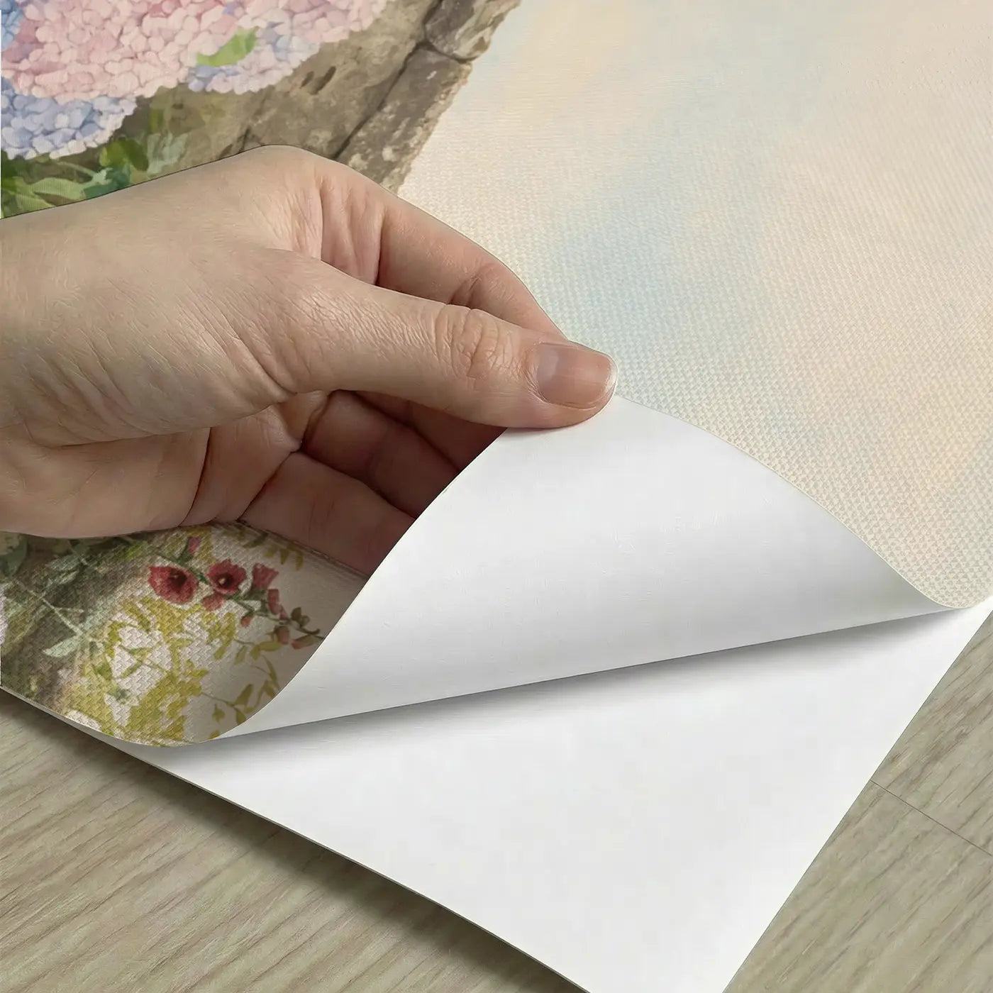 Peel-and-stick detail of Soft Hydrangea Bloom Wallpaper Mural by Whimsy Tots