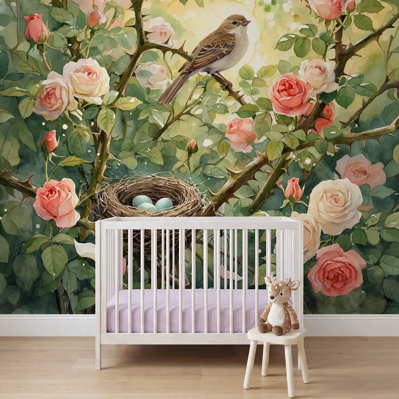 Watercolor rose bush nest garden wallpaper mural for kids room by Whimsy Tots