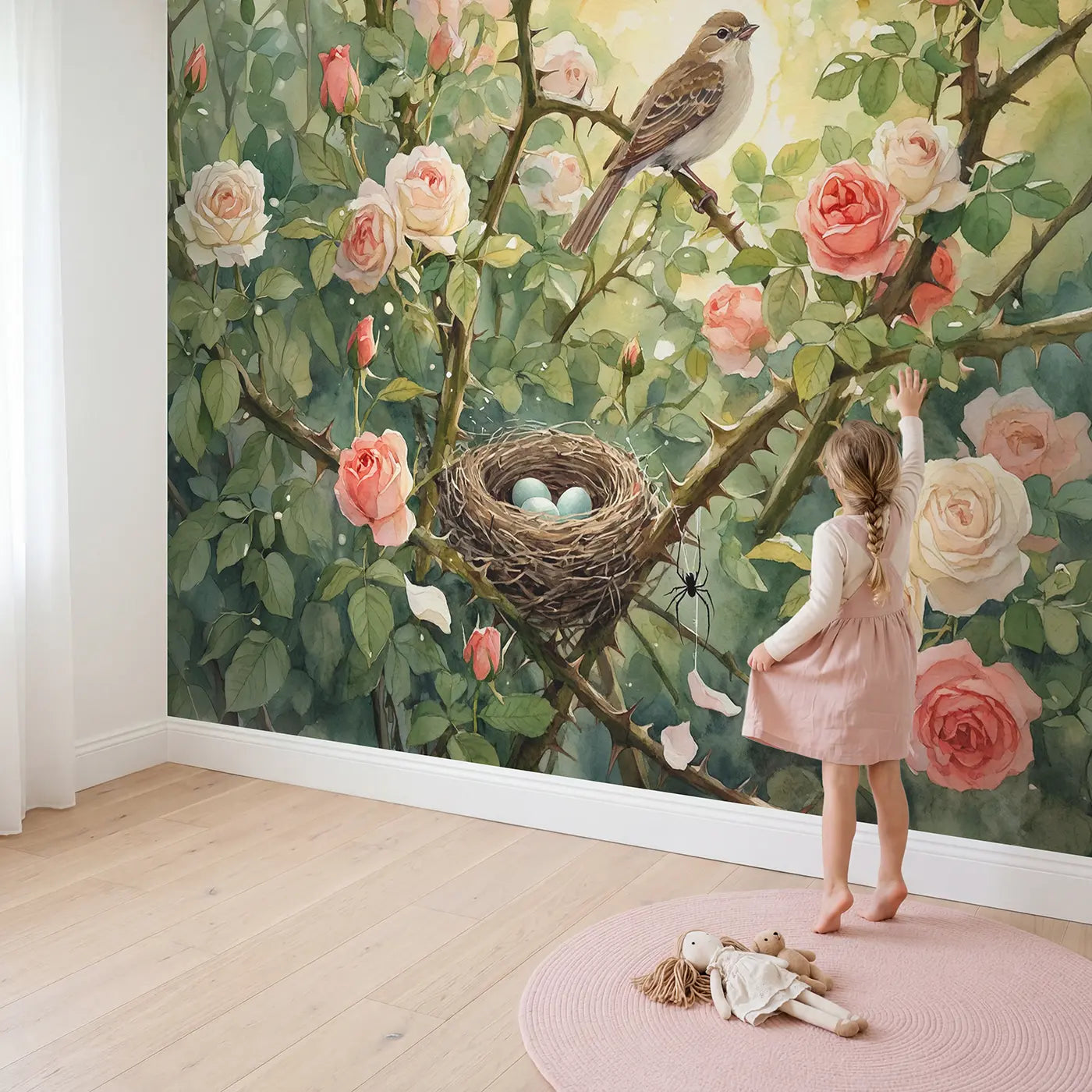 Child in nursery with Secret Rose Bush Nest Wallpaper Mural by Whimsy Tots