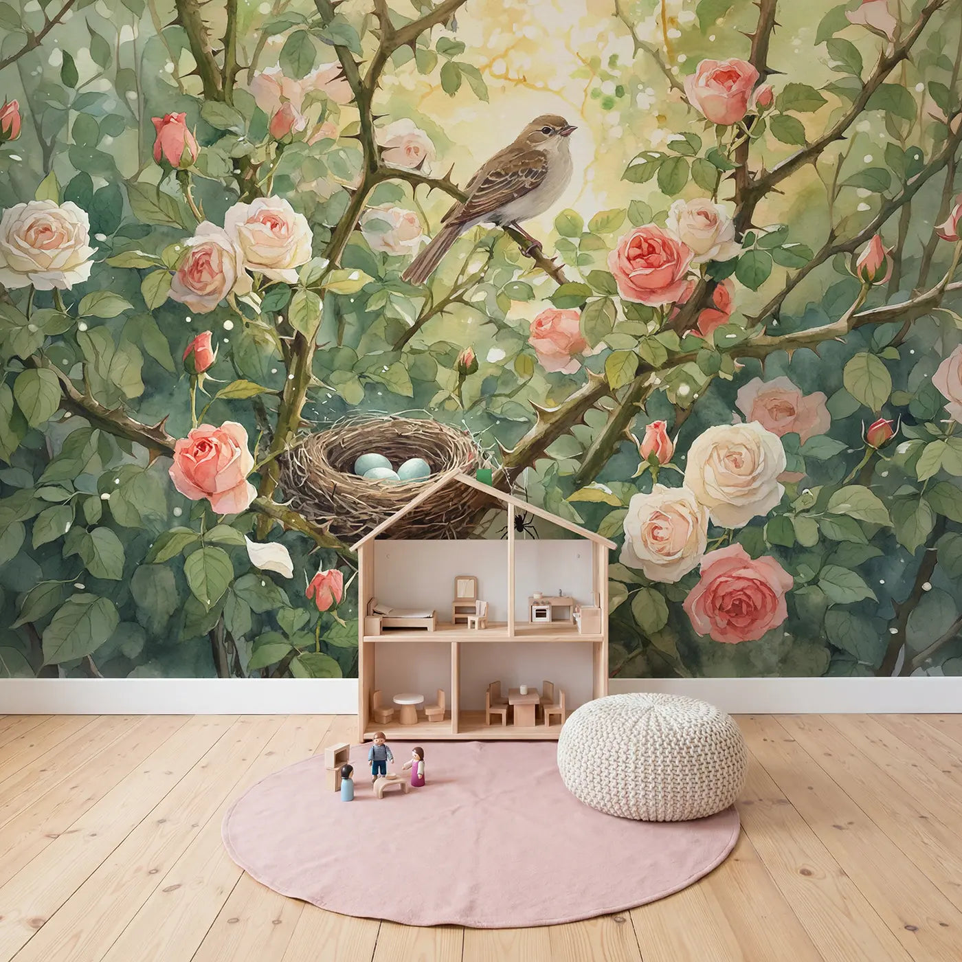 Secret Rose Bush Nest Wallpaper Mural in playroom setting by Whimsy Tots