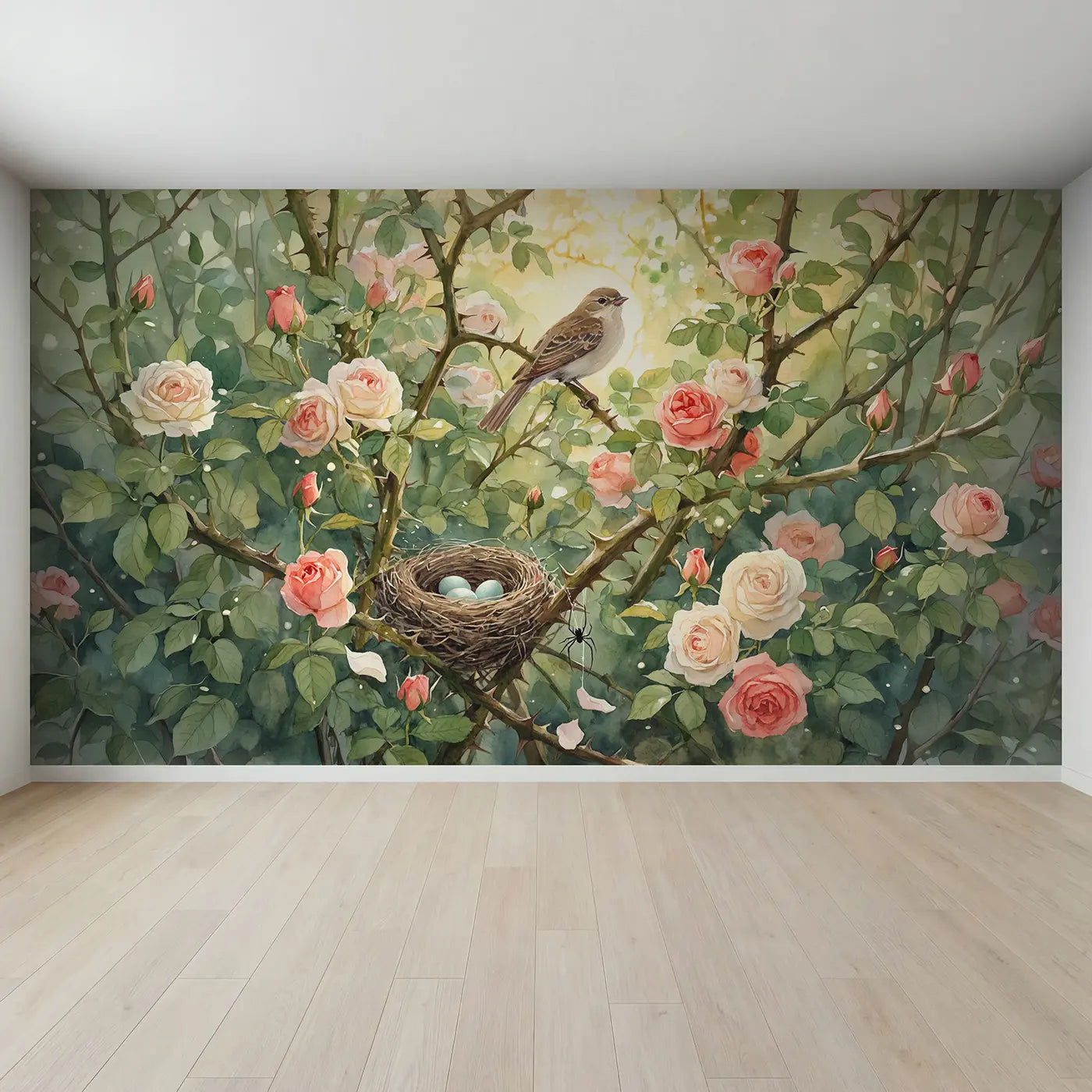 Full view of Secret Rose Bush Nest Wallpaper Mural by Whimsy Tots