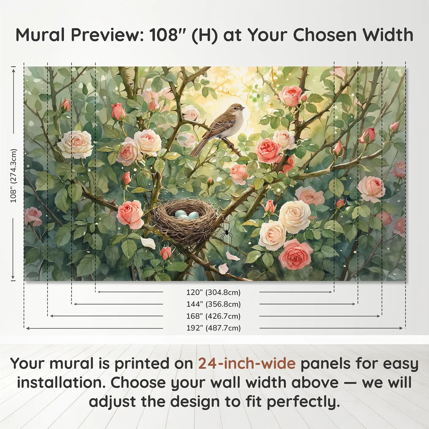 Panel layout and dimensions for Secret Rose Bush Nest Wallpaper Mural by Whimsy Tots