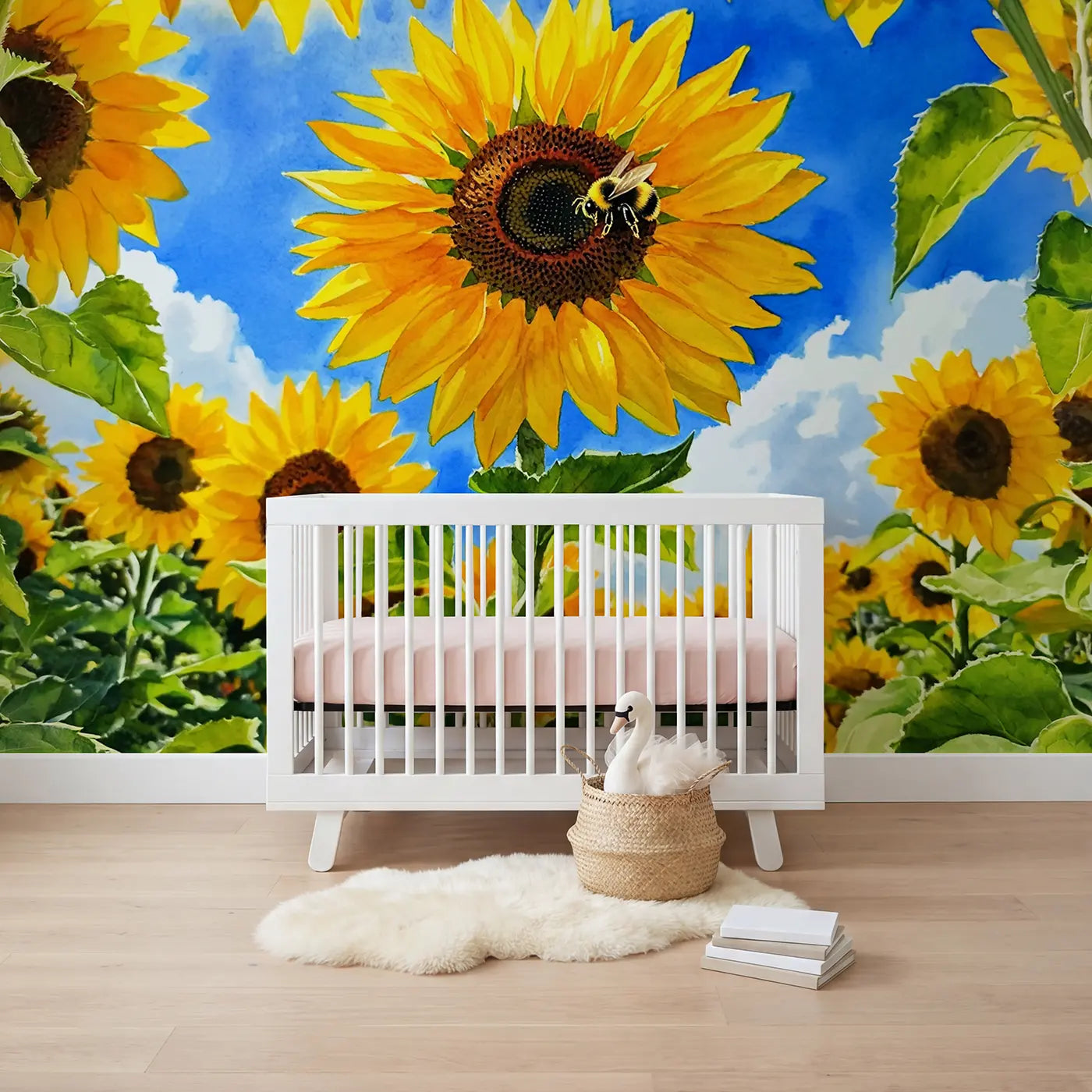 watercolor giant sunflower sky view below mural for nursery by Whimsy Tots