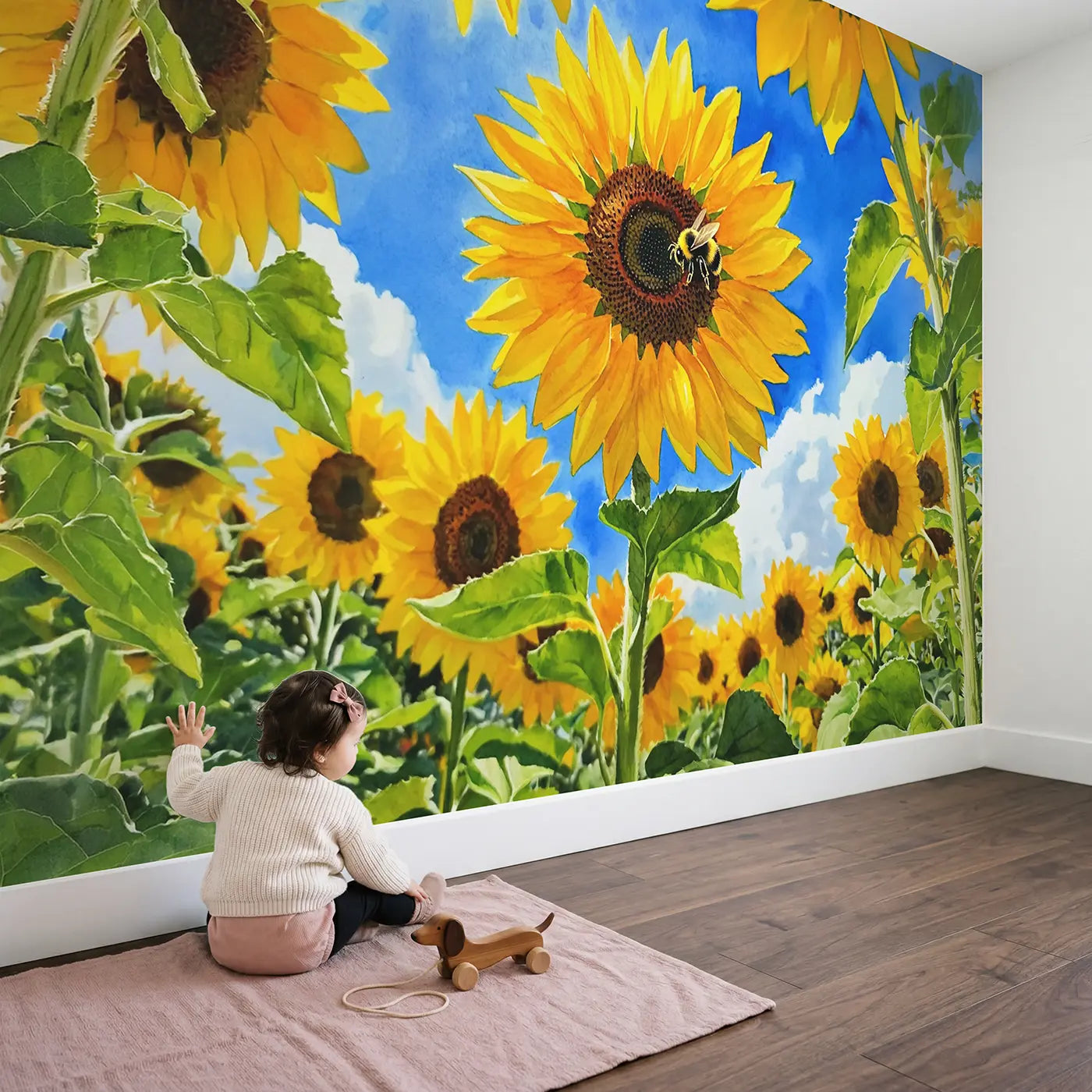Child in nursery with Giant Sunflower Sky View Below Wallpaper Mural by Whimsy Tots