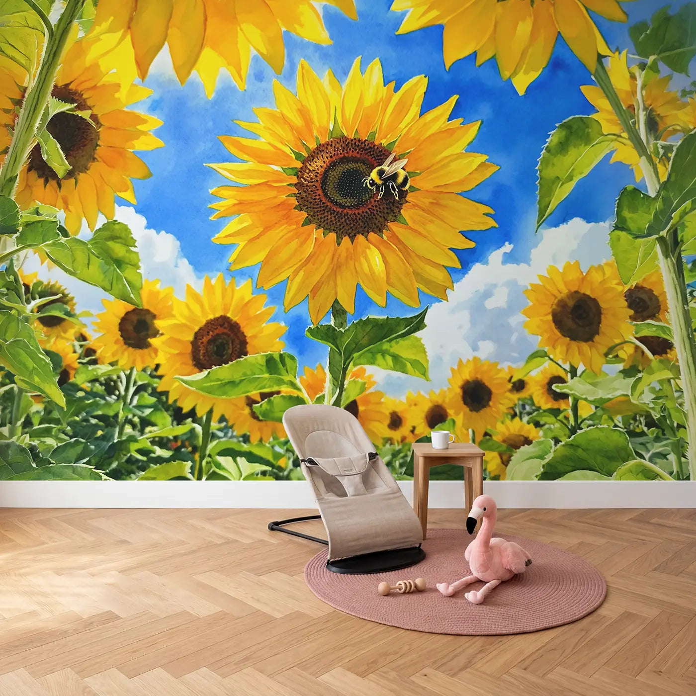 Giant Sunflower Sky View Below Wallpaper Mural in playroom setting by Whimsy Tots