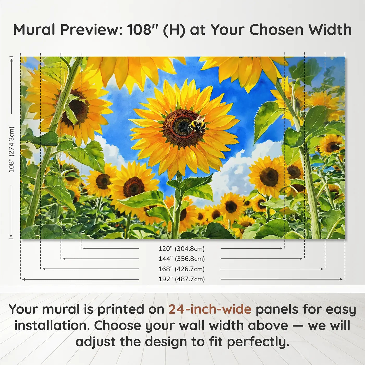 Panel layout and dimensions for Giant Sunflower Sky View Below Wallpaper Mural by Whimsy Tots