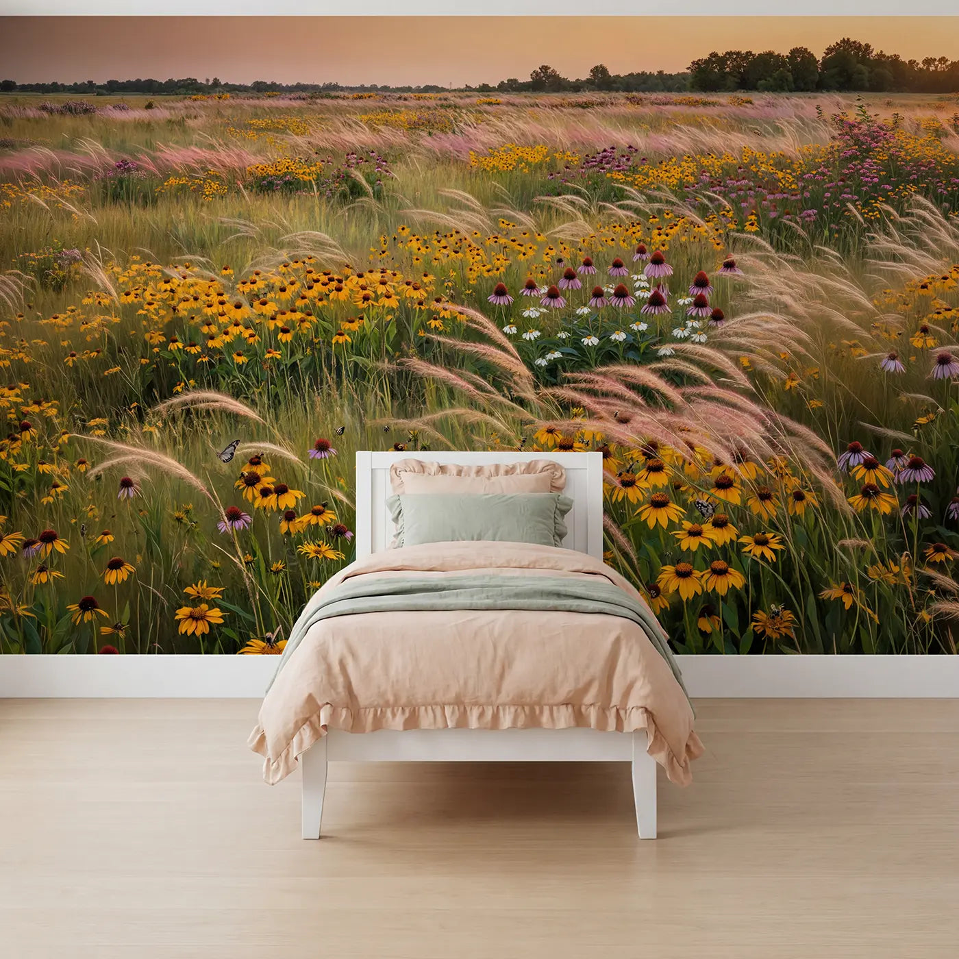 Soft Pastel prairie garden golden evening wallpaper mural for girls room by Whimsy Tots