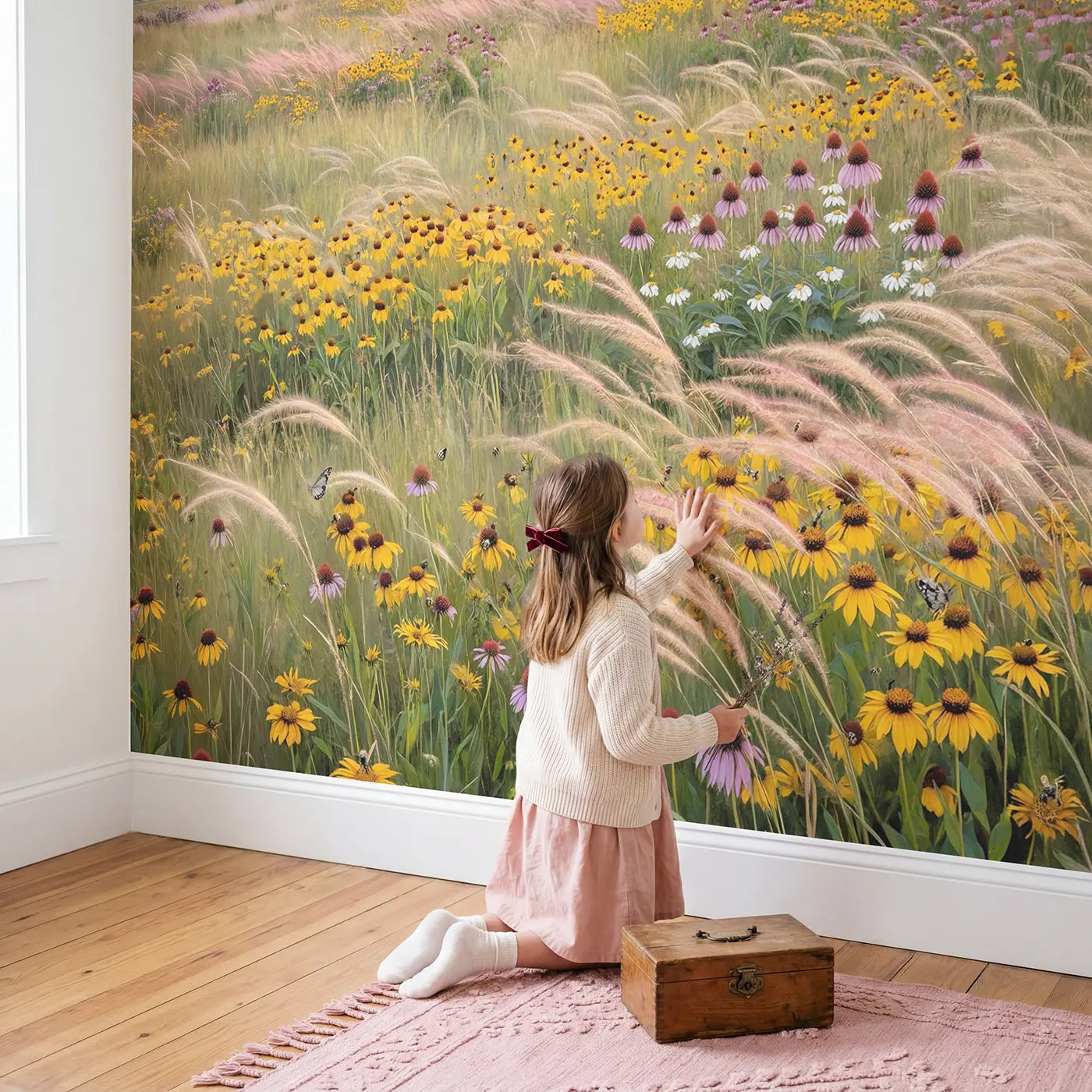 Child in nursery with Prairie Garden Golden Evening Wallpaper Mural by Whimsy Tots