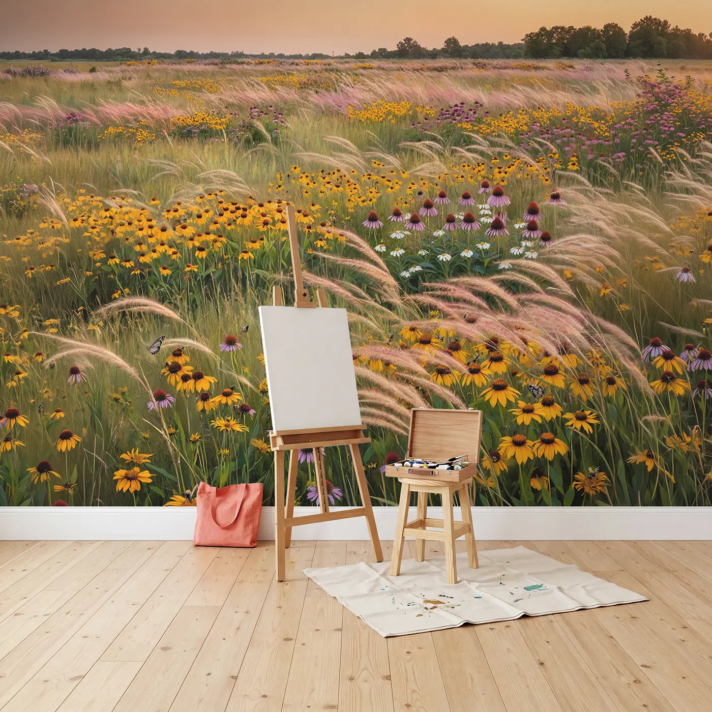 Prairie Garden Golden Evening Wallpaper Mural in playroom setting by Whimsy Tots