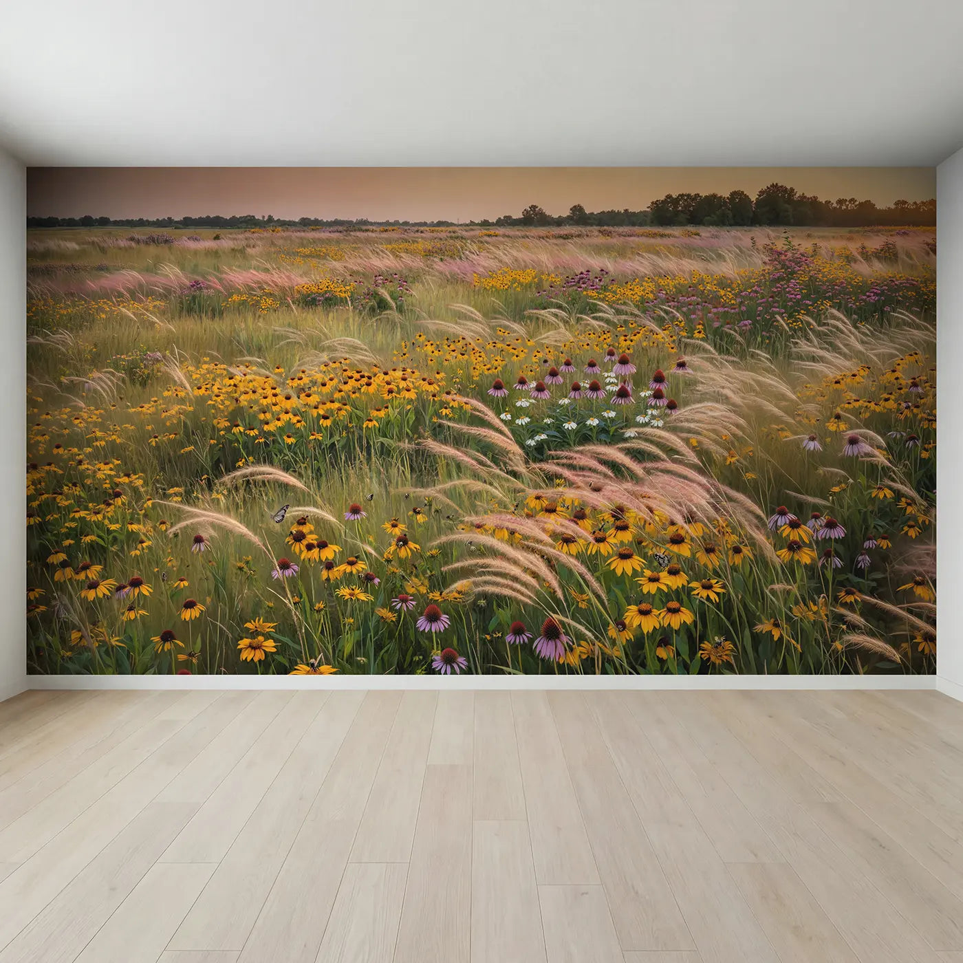 Full view of Prairie Garden Golden Evening Wallpaper Mural by Whimsy Tots