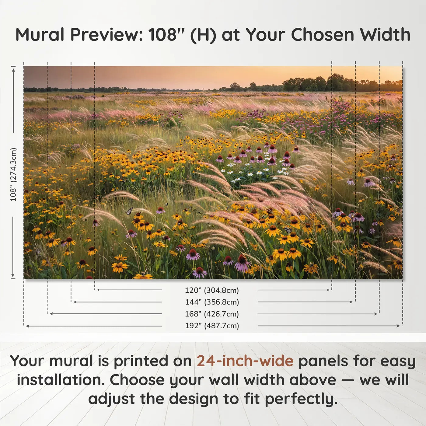 Panel layout and dimensions for Prairie Garden Golden Evening Wallpaper Mural by Whimsy Tots