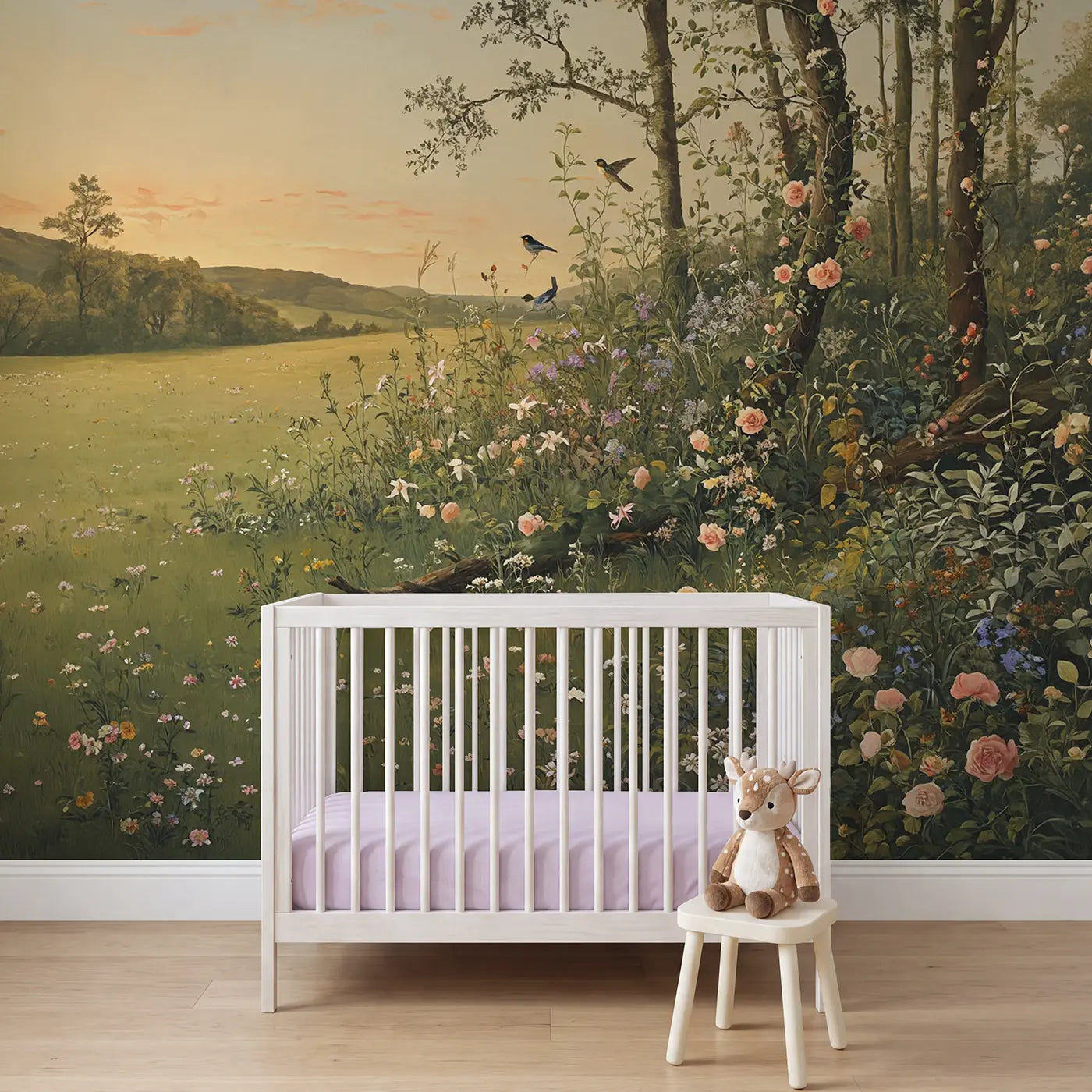 Botanical elegance meadow forest edge wildflower wallpaper mural for nursery by Whimsy Tots