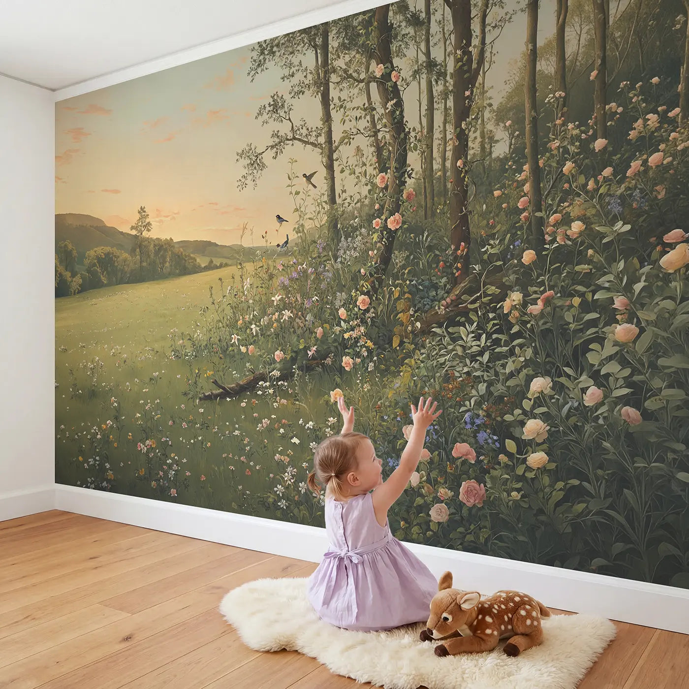 Child in nursery with Meadow Forest Edge Wallpaper Mural by Whimsy Tots