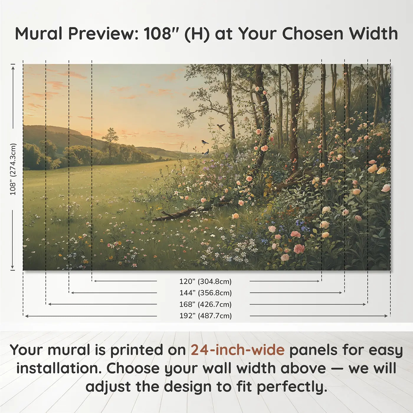 Panel layout and dimensions for Meadow Forest Edge Wallpaper Mural by Whimsy Tots
