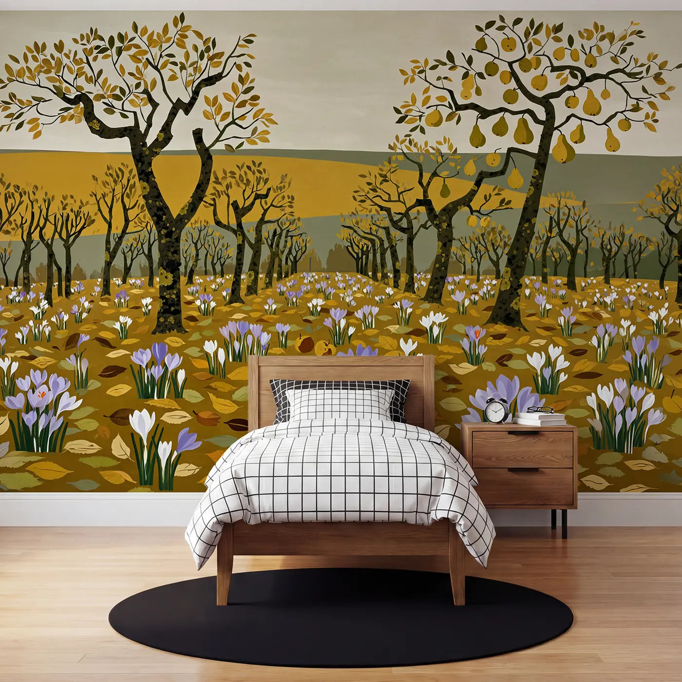 Modern illustration crocus orchard wallpaper mural for kids room by Whimsy Tots