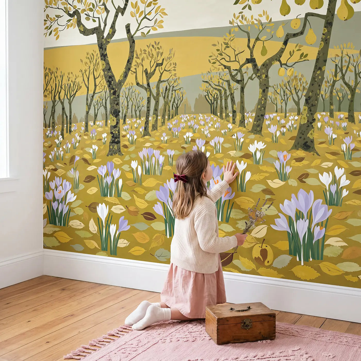 Child in nursery with Autumn Crocus Orchard Floor Wallpaper Mural by Whimsy Tots