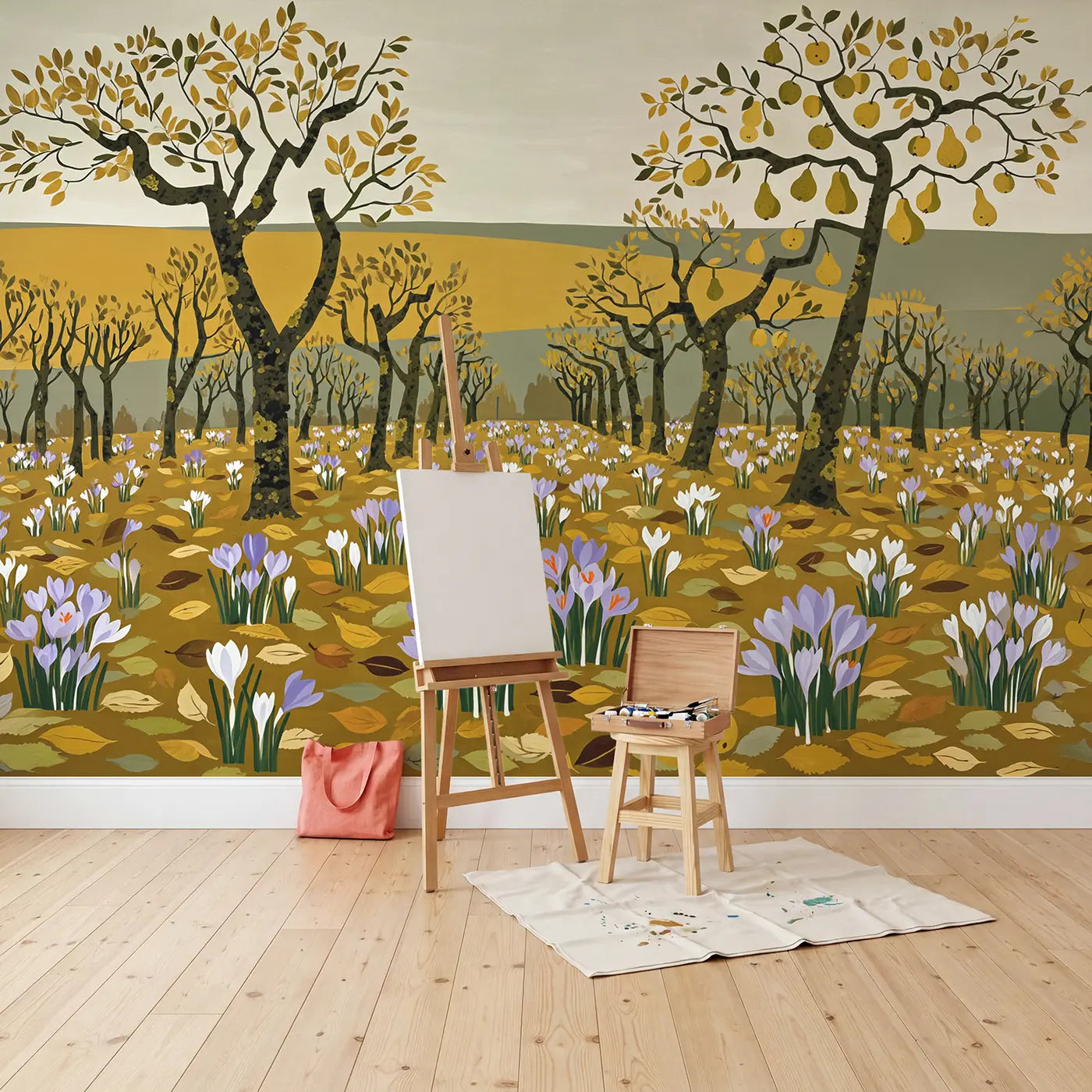 Autumn Crocus Orchard Floor Wallpaper Mural in playroom setting by Whimsy Tots