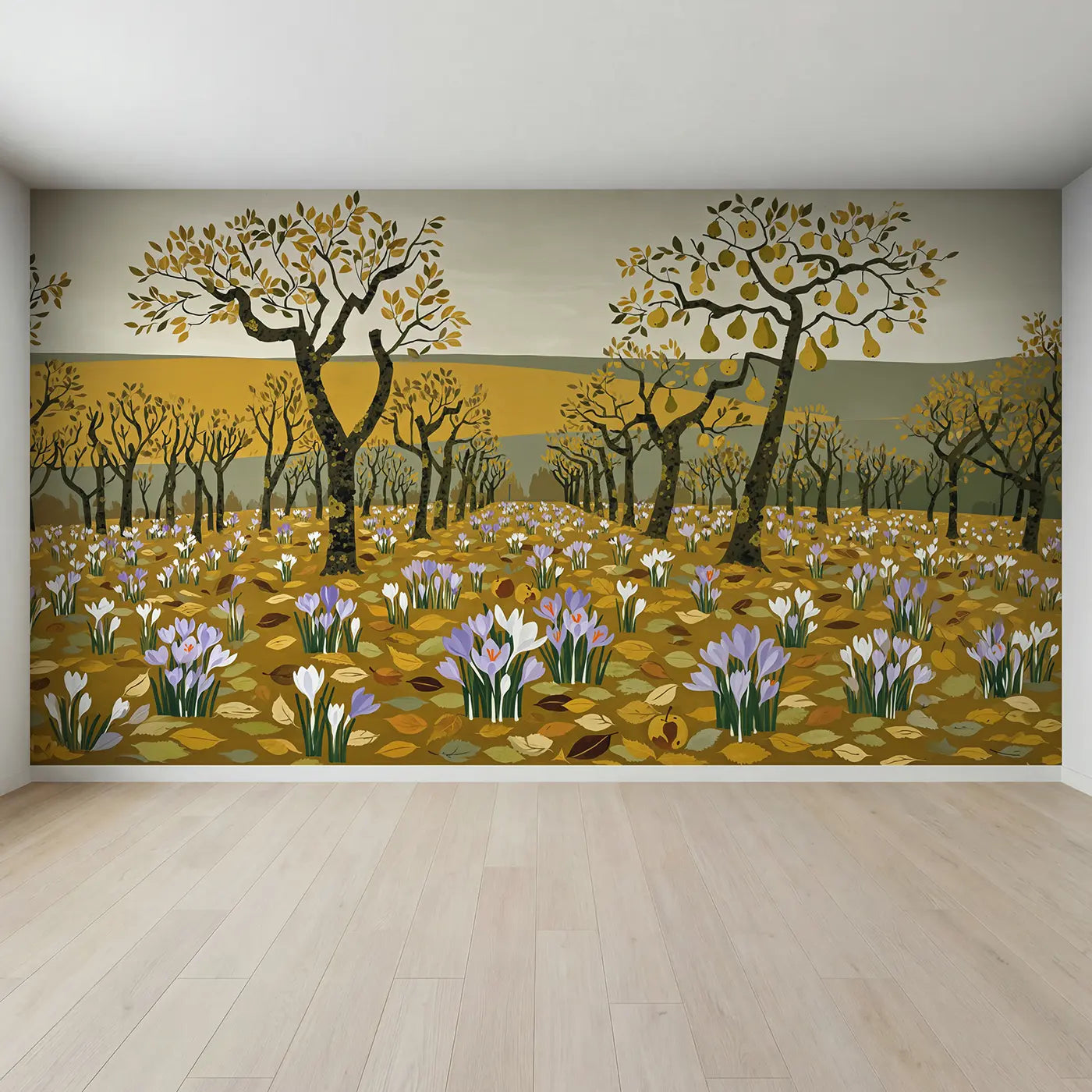 Full view of Autumn Crocus Orchard Floor Wallpaper Mural by Whimsy Tots