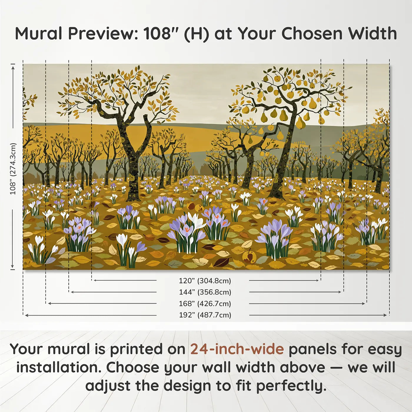Panel layout and dimensions for Autumn Crocus Orchard Floor Wallpaper Mural by Whimsy Tots