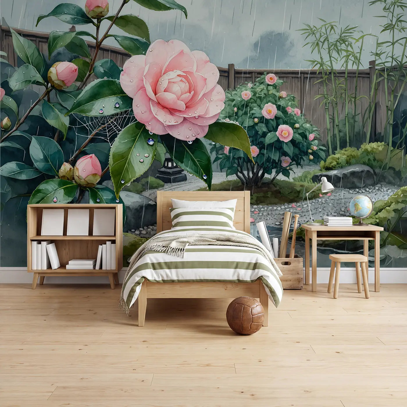 Watercolor camellia floral meadow wallpaper mural for kids room by Whimsy Tots