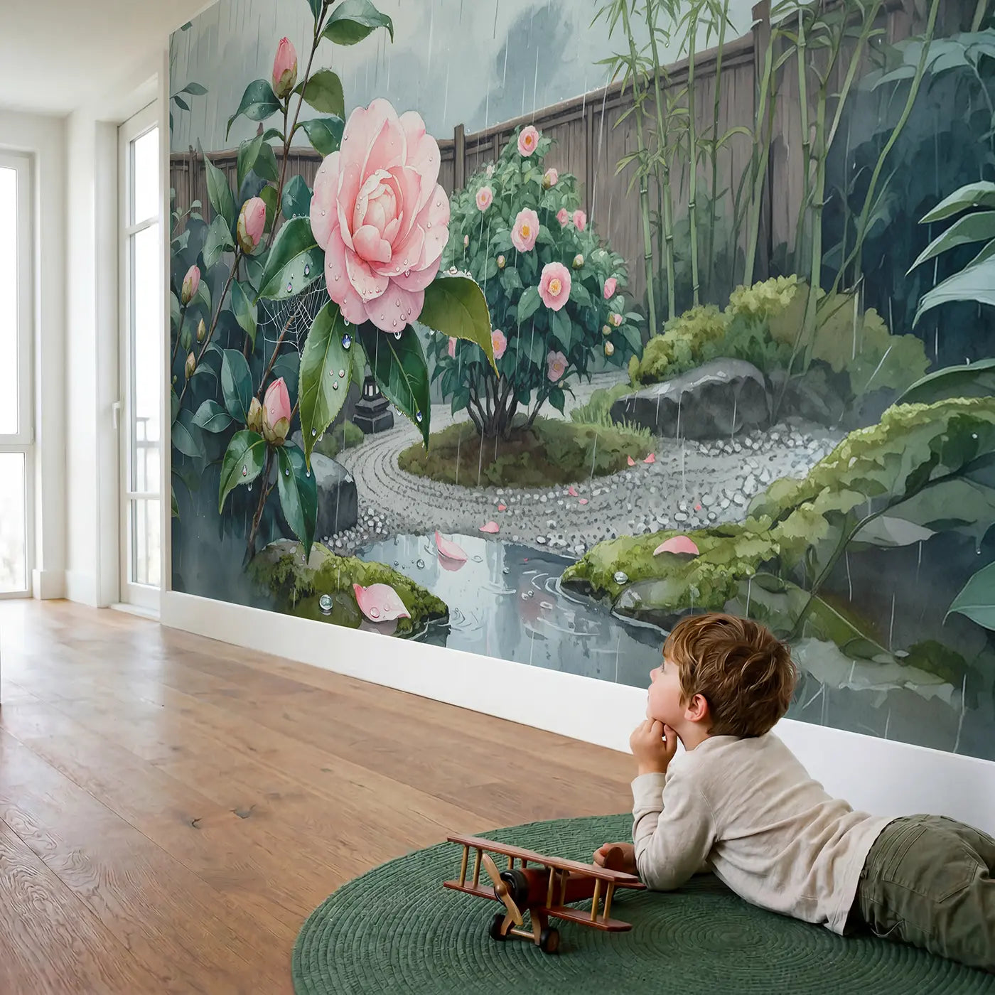 Child in nursery with Rainy Camellia Garden Wallpaper Mural by Whimsy Tots