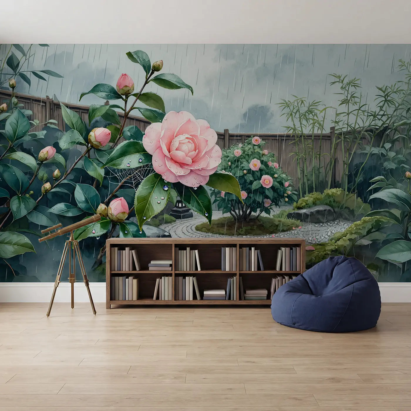 Rainy Camellia Garden Wallpaper Mural in playroom setting by Whimsy Tots