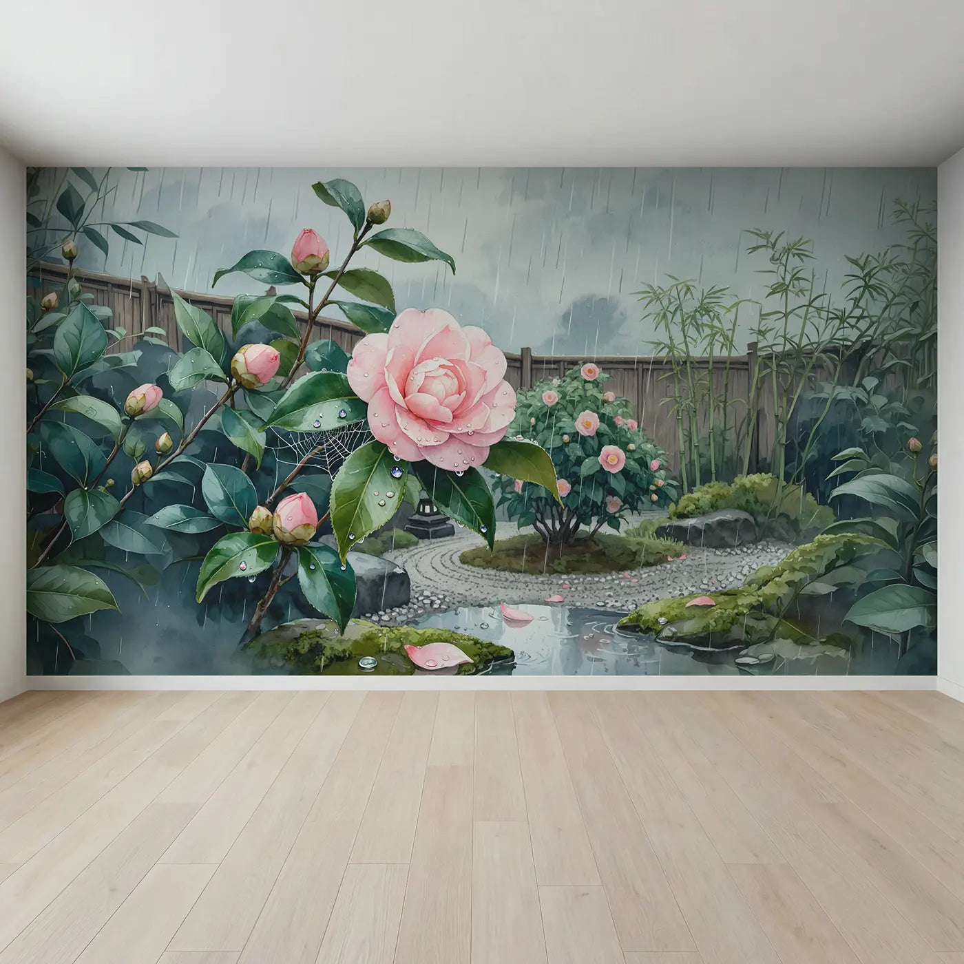 Full view of Rainy Camellia Garden Wallpaper Mural by Whimsy Tots