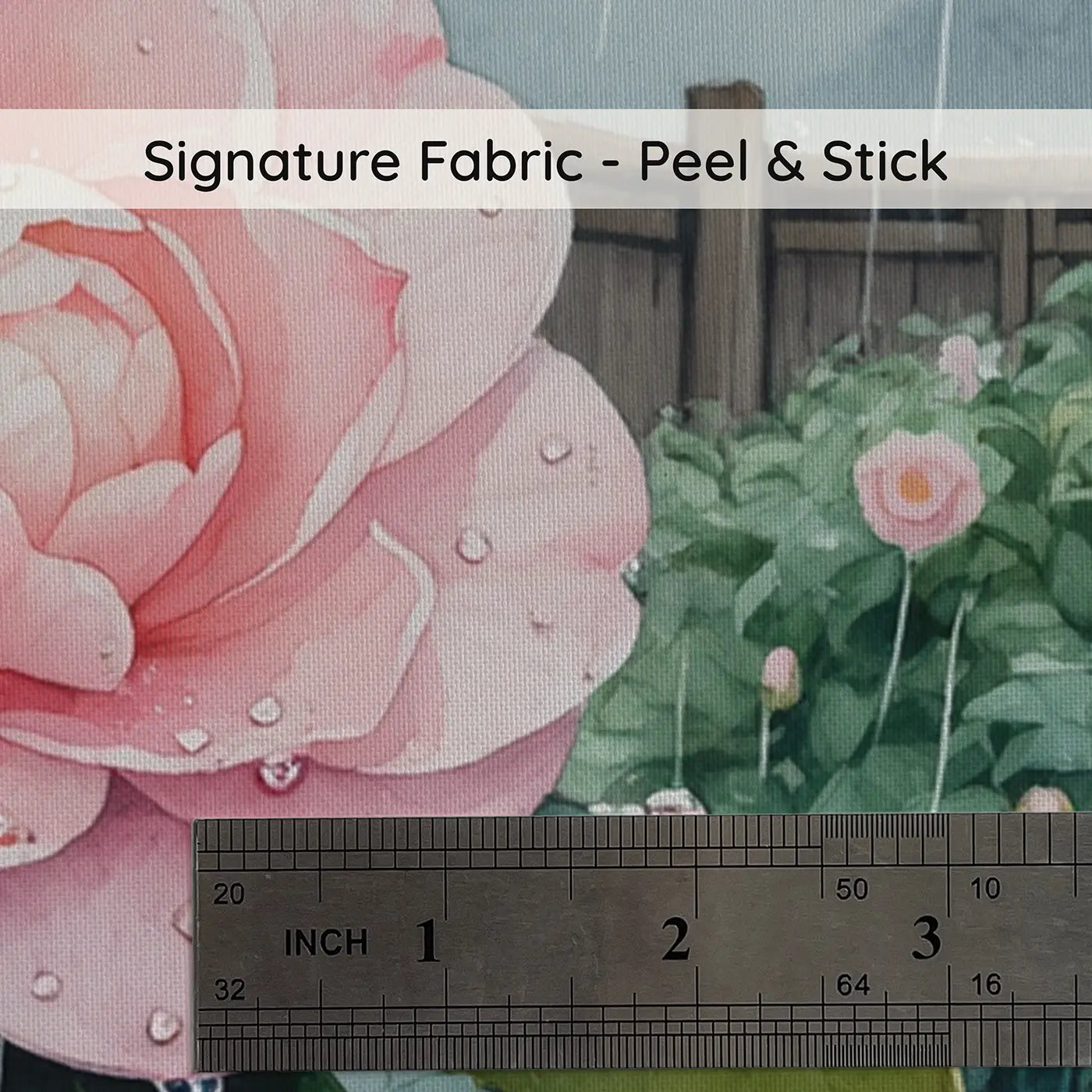Fabric texture close-up of Rainy Camellia Garden Wallpaper Mural by Whimsy Tots