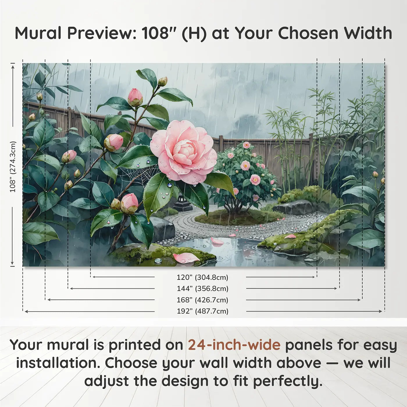 Panel layout and dimensions for Rainy Camellia Garden Wallpaper Mural by Whimsy Tots