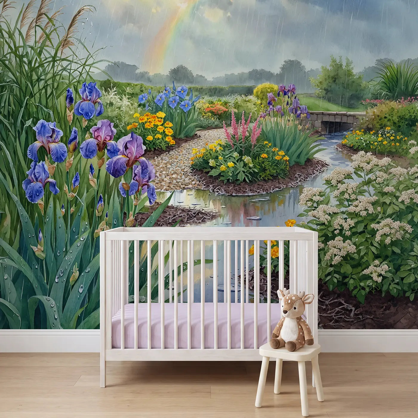 Watercolor rain garden wildflowers bloom wallpaper mural for kids room by Whimsy Tots