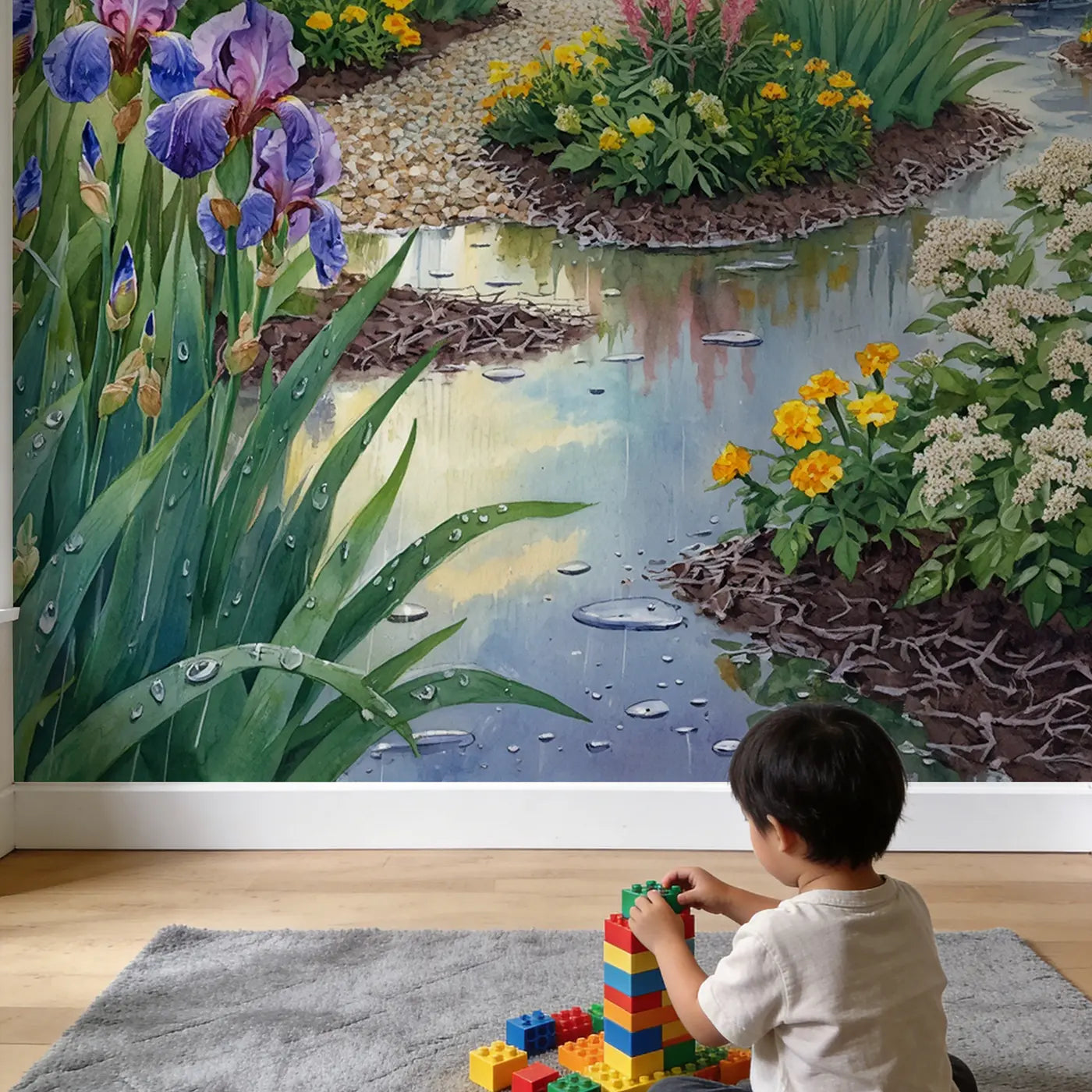 Child in nursery with Rain Garden in Bloom Wallpaper Mural by Whimsy Tots