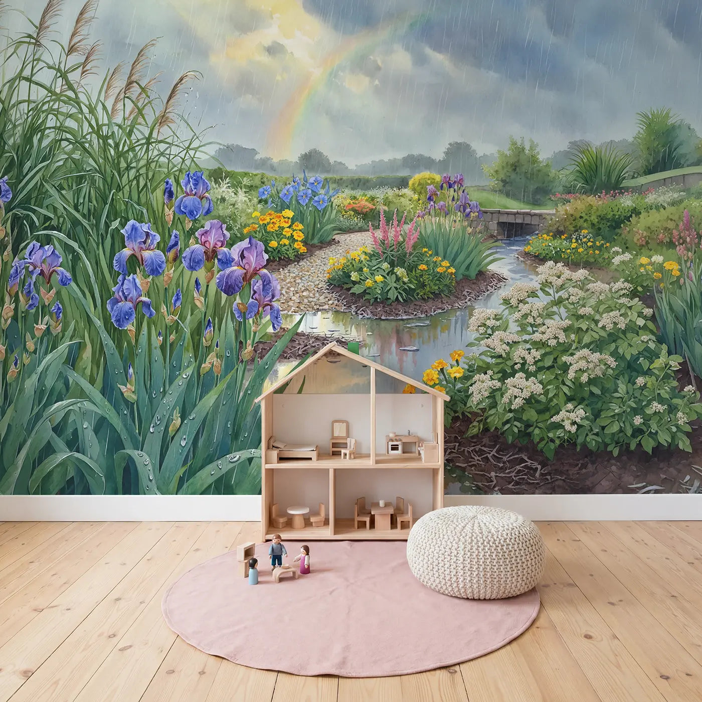 Rain Garden in Bloom Wallpaper Mural in playroom setting by Whimsy Tots