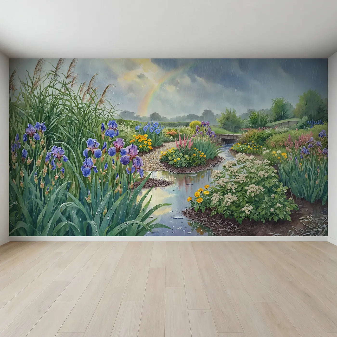 Full view of Rain Garden in Bloom Wallpaper Mural by Whimsy Tots