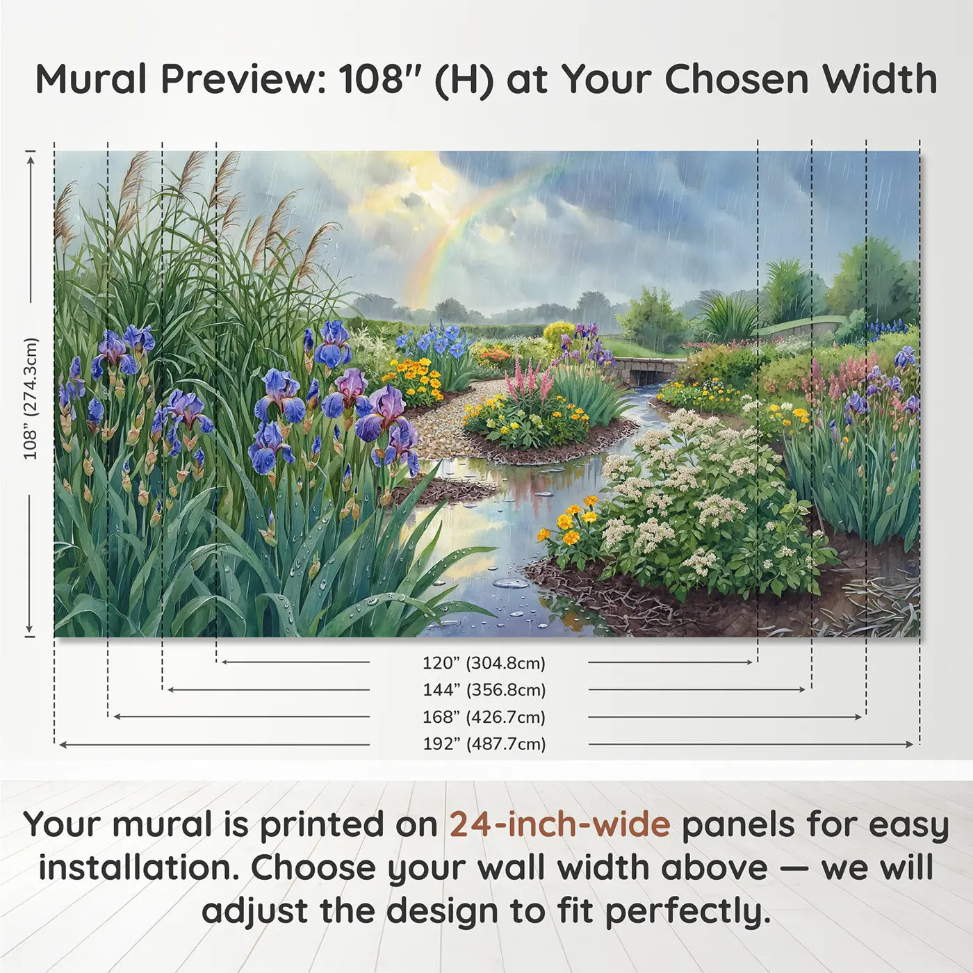 Panel layout and dimensions for Rain Garden in Bloom Wallpaper Mural by Whimsy Tots