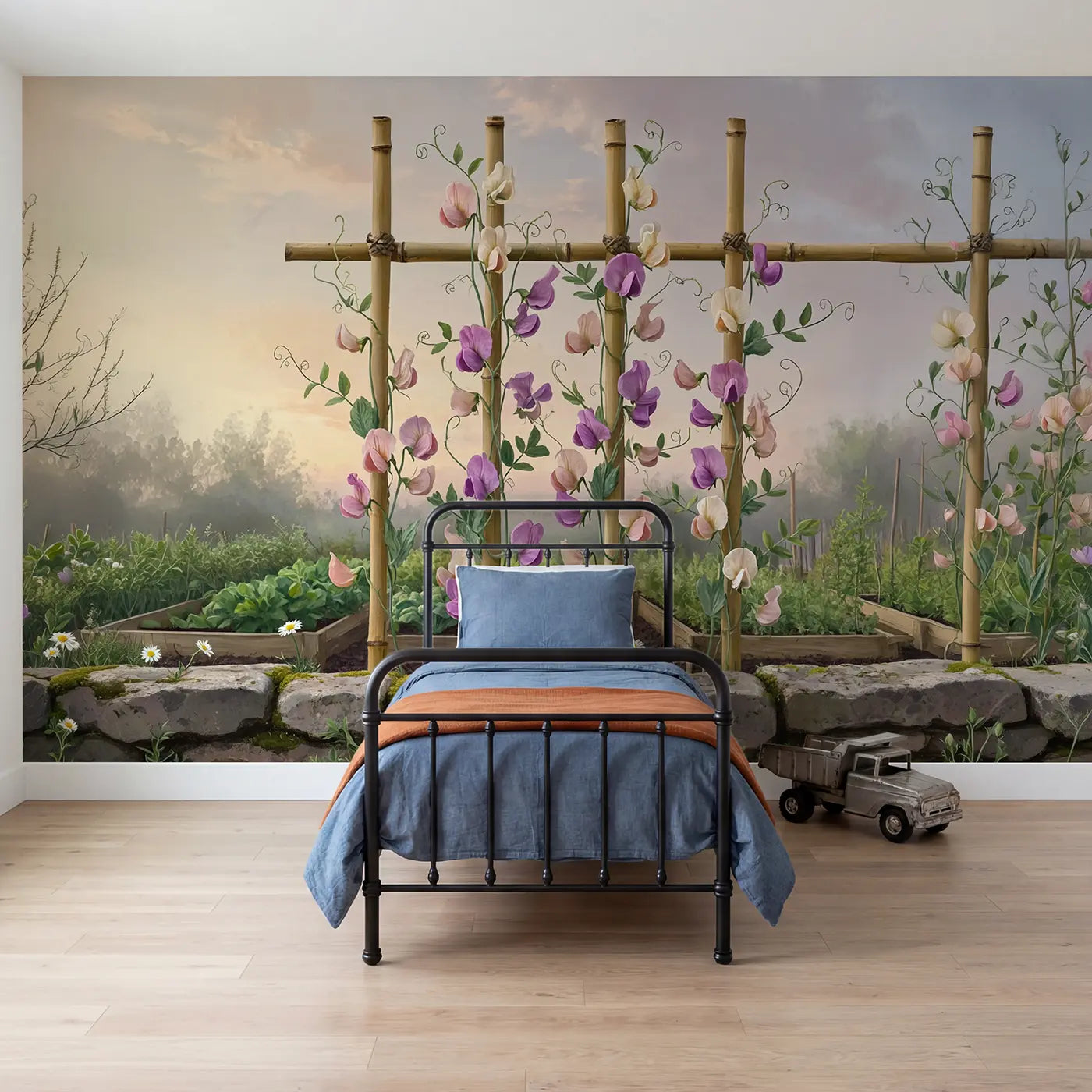 Soft Pastel sweet pea garden trellis wallpaper mural for boys room by Whimsy Tots
