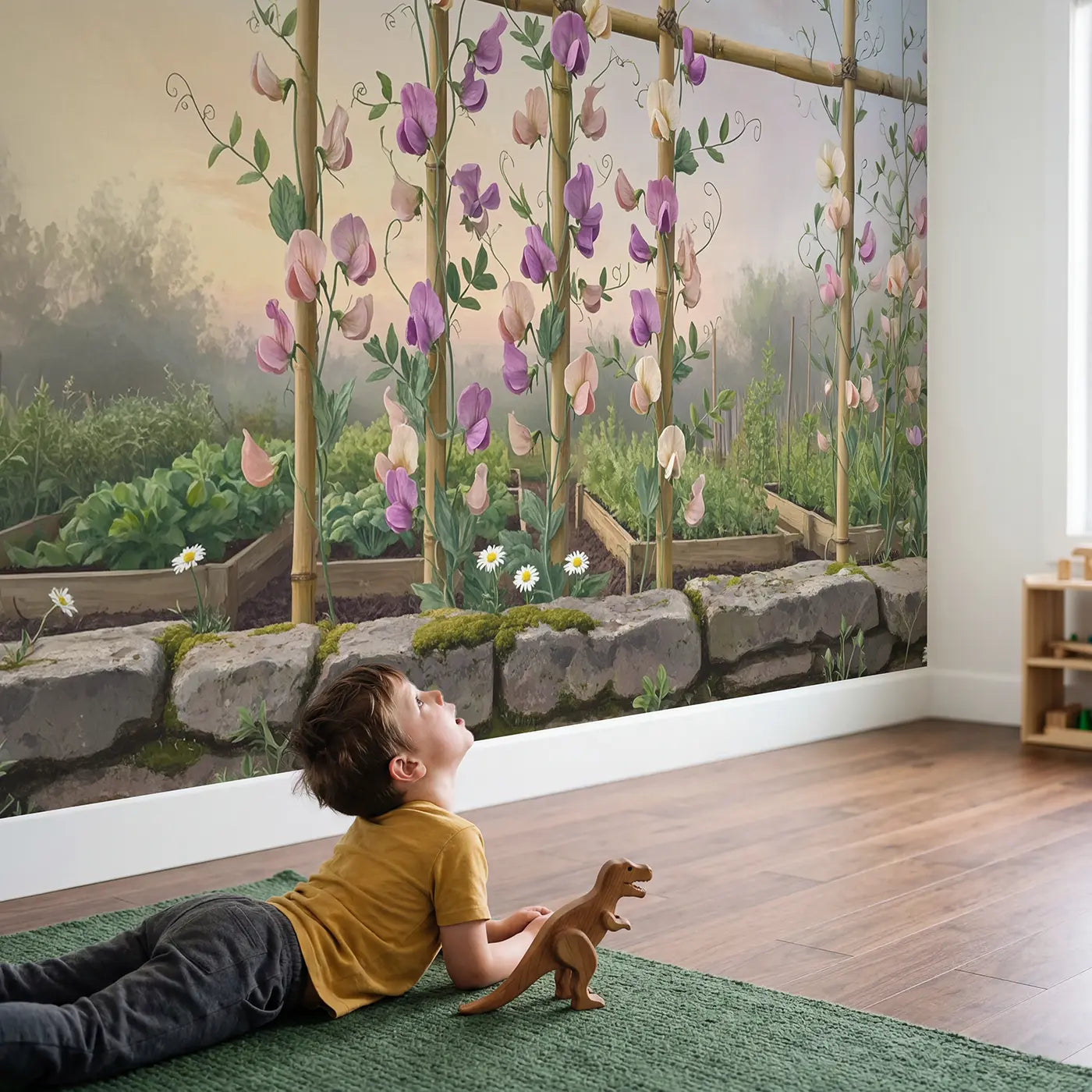 Child in nursery with Sweet Pea Garden Trellis Wallpaper Mural by Whimsy Tots