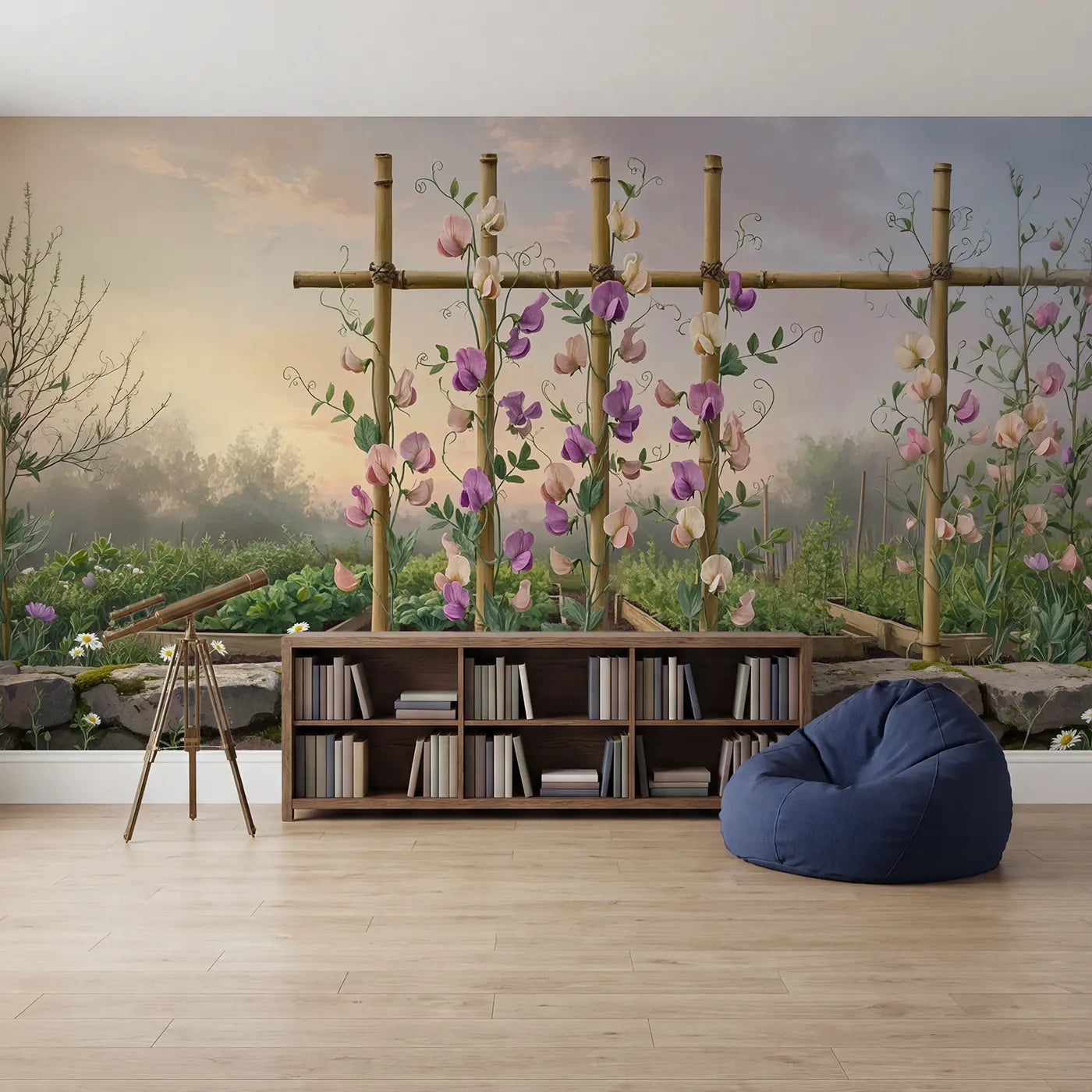 Sweet Pea Garden Trellis Wallpaper Mural in playroom setting by Whimsy Tots
