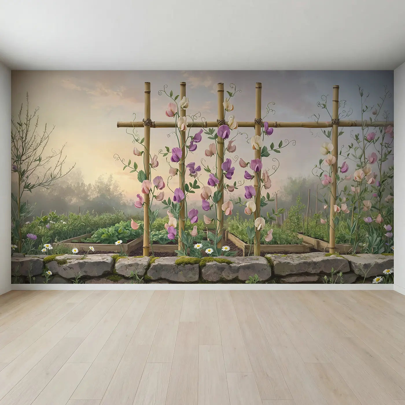 Full view of Sweet Pea Garden Trellis Wallpaper Mural by Whimsy Tots