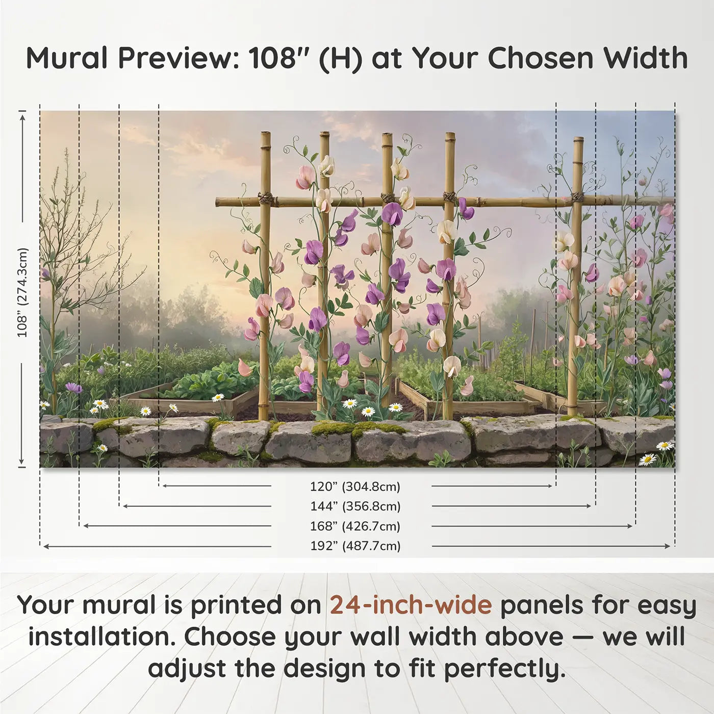 Panel layout and dimensions for Sweet Pea Garden Trellis Wallpaper Mural by Whimsy Tots