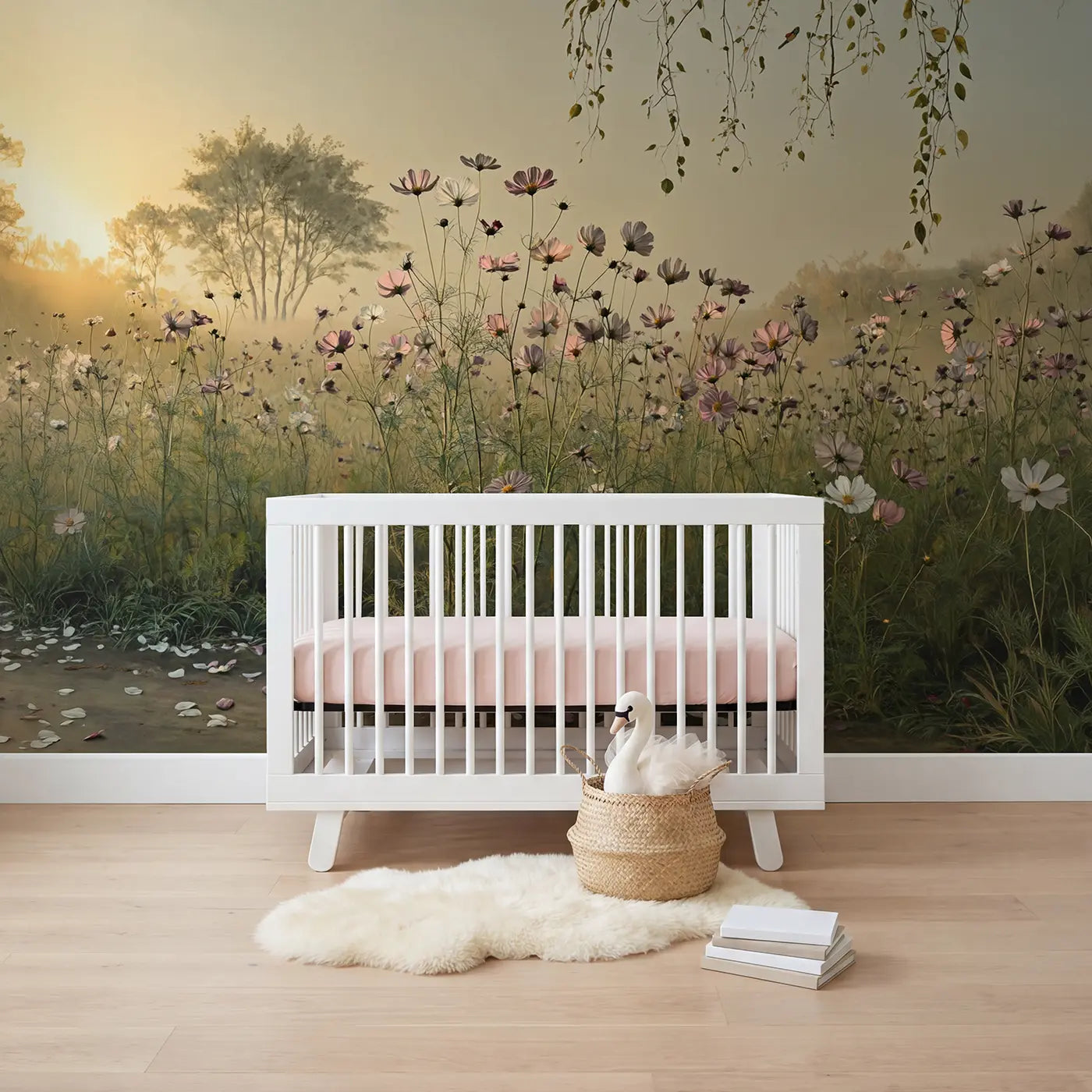 Botanical elegance cosmos meadow summer wallpaper mural for girls nursery by Whimsy Tots
