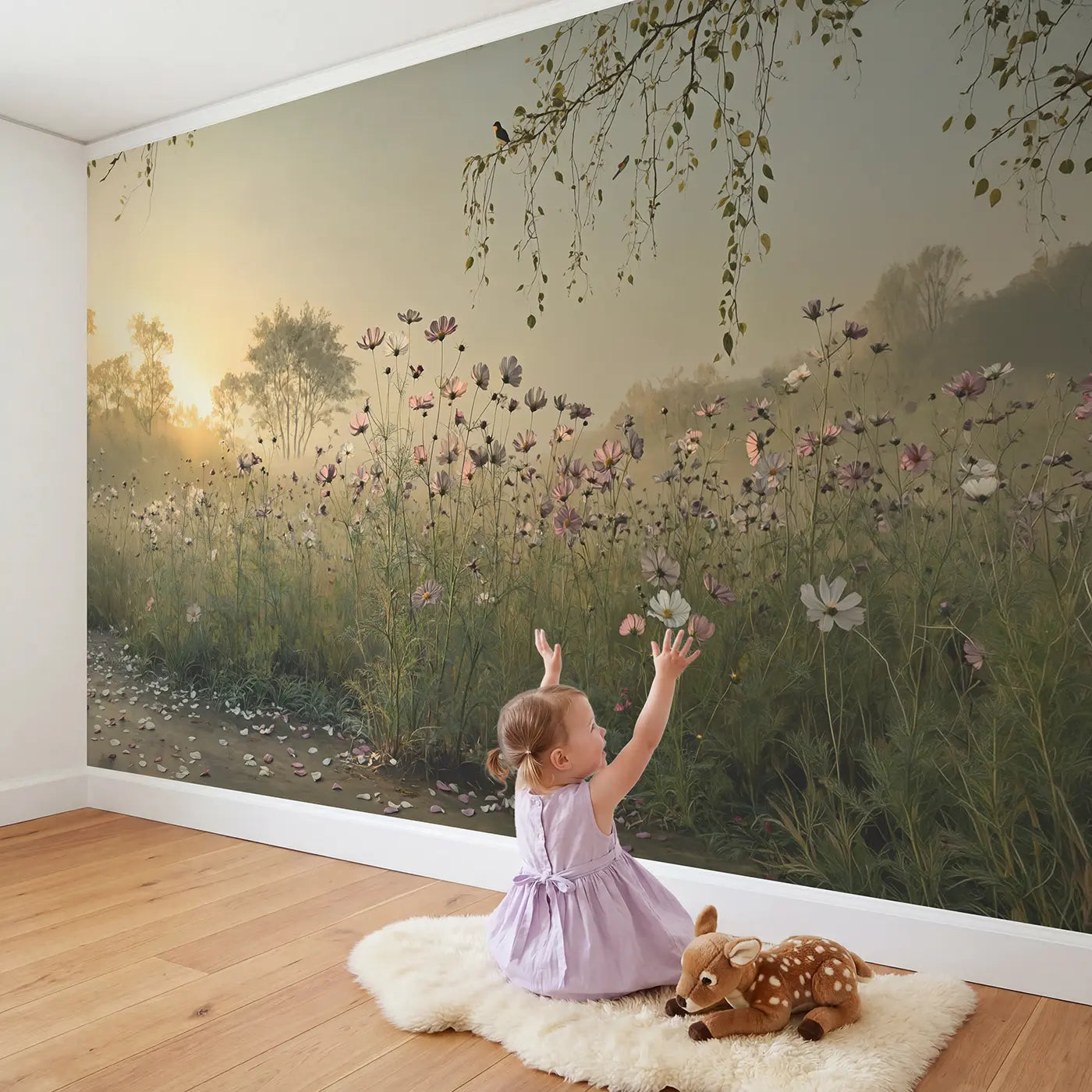 Child in nursery with Summer Cosmos Meadow Wallpaper Mural by Whimsy Tots
