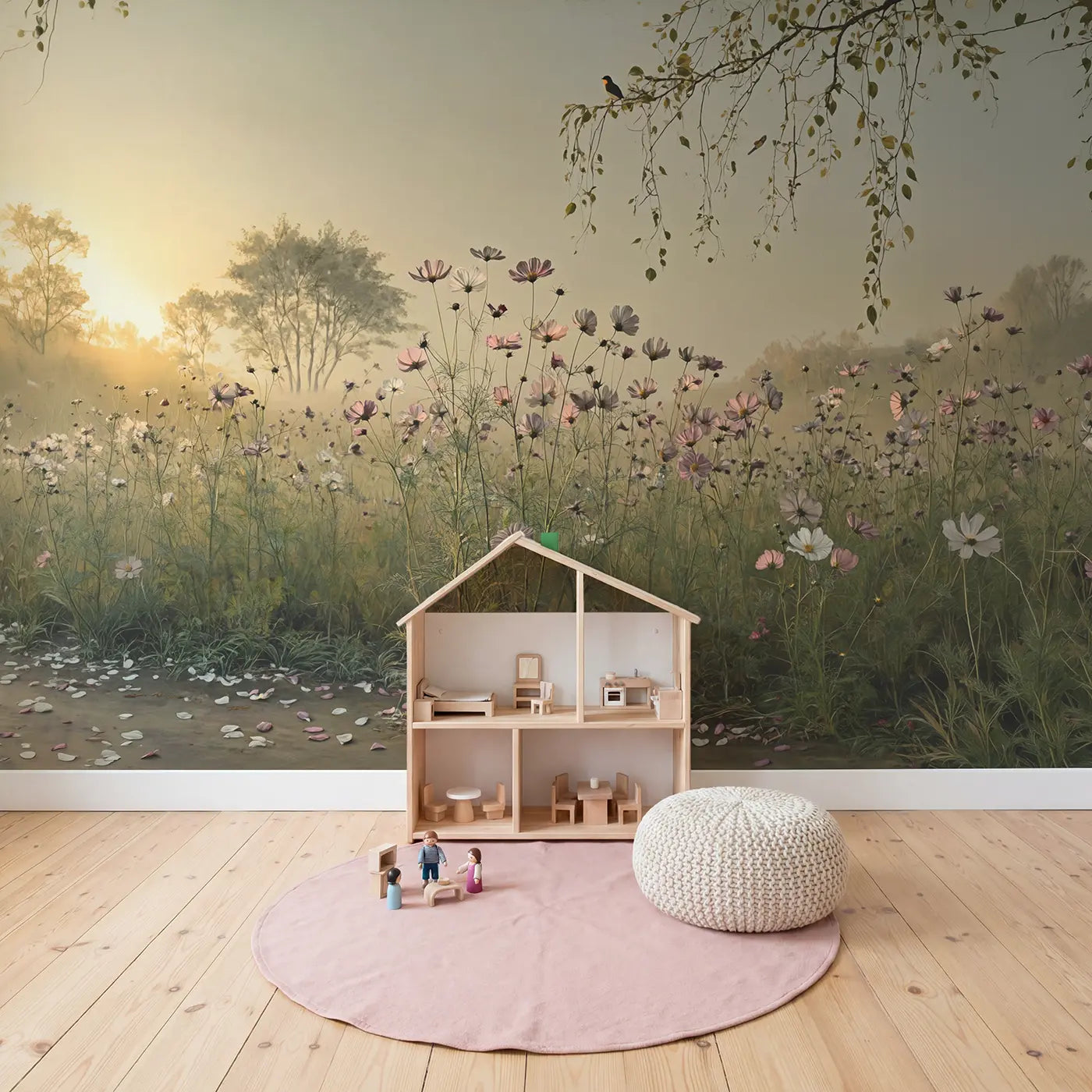 Summer Cosmos Meadow Wallpaper Mural in playroom setting by Whimsy Tots