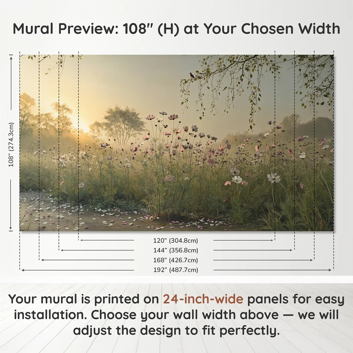 Panel layout and dimensions for Summer Cosmos Meadow Wallpaper Mural by Whimsy Tots